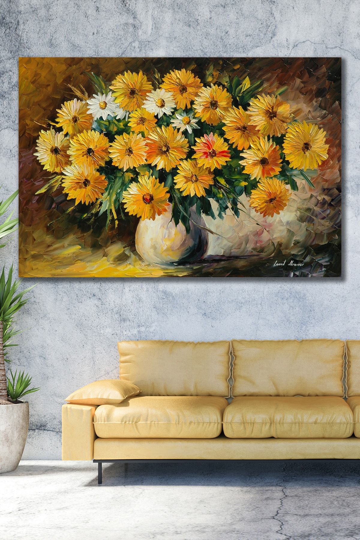 Hediyeler Kapında 100x140 Yağlı Boya Görünümlü Sarı Çiçekler Kanvas Tablo