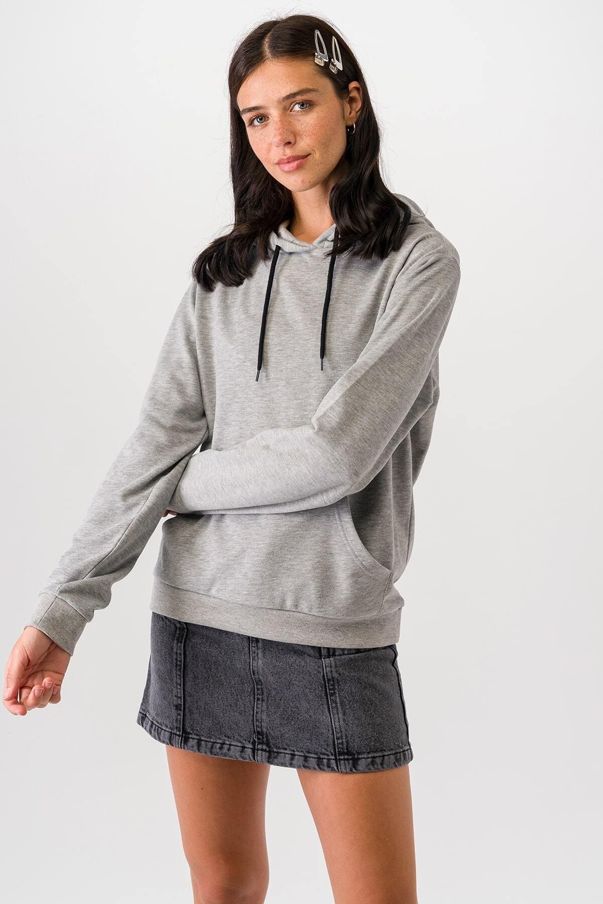 Runever Gri Kapüşonlu Kanguru Cep Kadın Sweatshirt Trend-83
