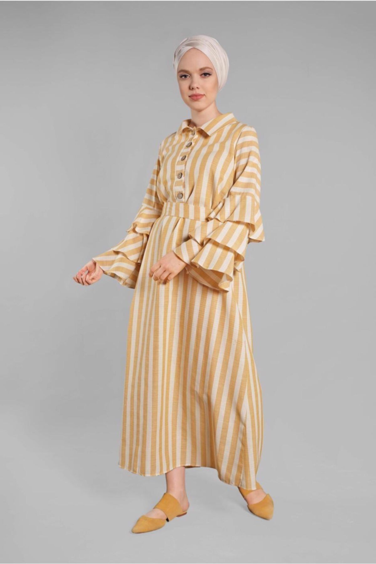 TRENDTESETTÜR Kadın Sarı Kolları Volanlı Çizgili Elbise 3266