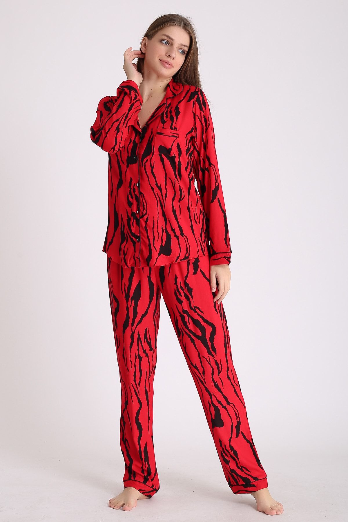 BESİMMA Kadın Kırmızı Zebra Viskon Uzun Kollu Pijama Takımı