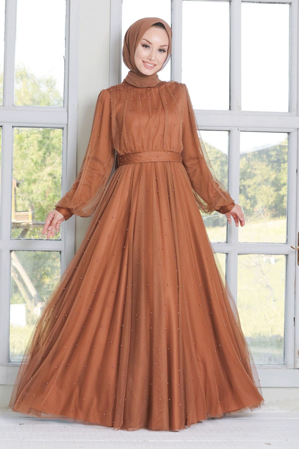 Neva Style Kadın Taba İnci Detaylı Tesettür Abiye Elbise 50080tb