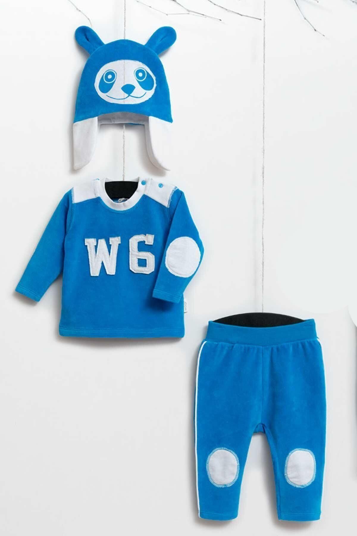 Wogi Erkek Bebek Kadife Şapkalı 3'lü Sweat Takım Wg5415