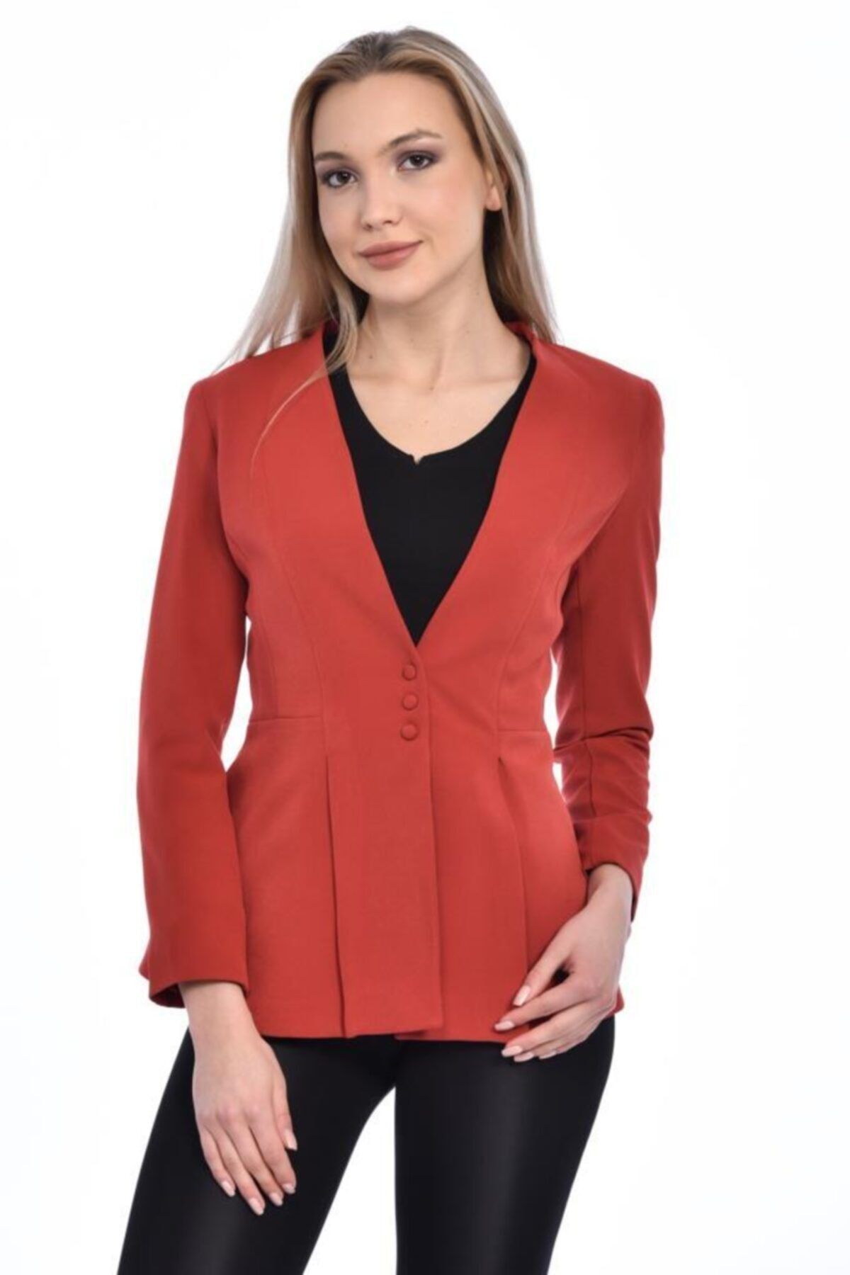 Modkofoni Düğme Ve Pile Detaylı Blazer Kiremit Kadın Ceket