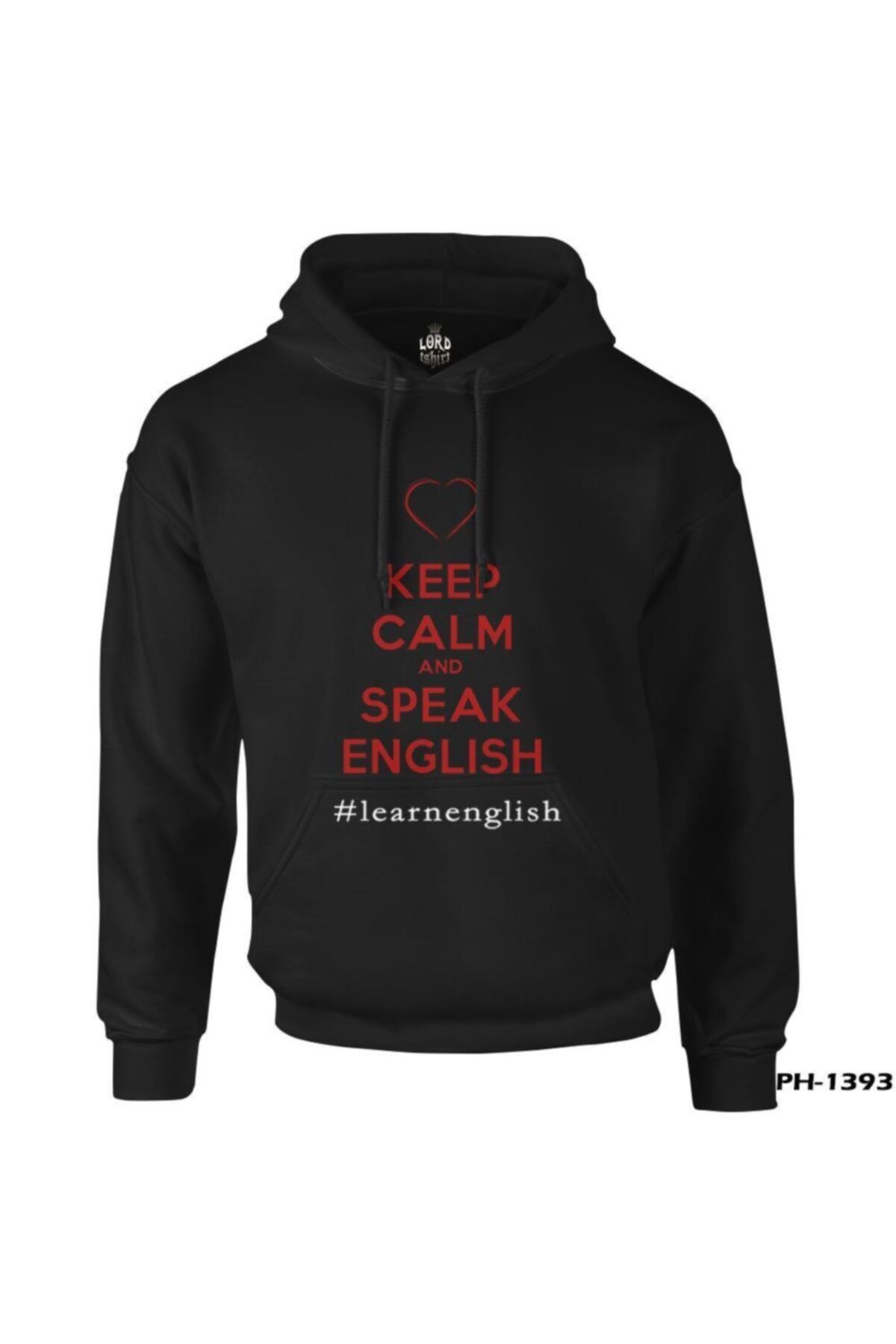 Lord T-Shirt Keep Calm And Speak English Siyah Erkek Fermuarsız Kapüşonlu Sweatshirt