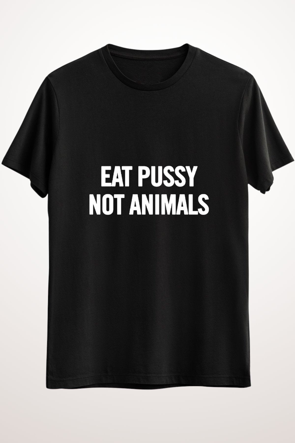 GreenMint Erkek Siyah Eat Pussy Not Animals White Essential T-shirt