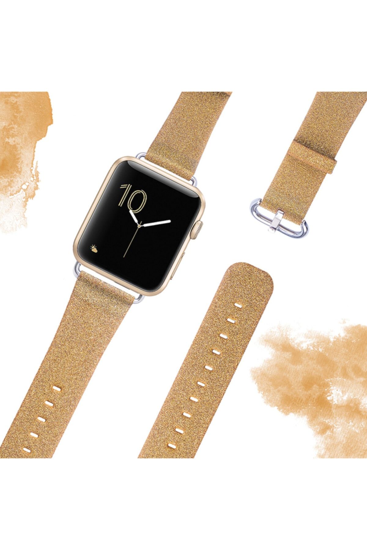 Ally Mobile Ally Iwatch 1-2-3 42mm 4-5-44mm Kordon Kayış Deri Ince Sim Işlemeli Gold