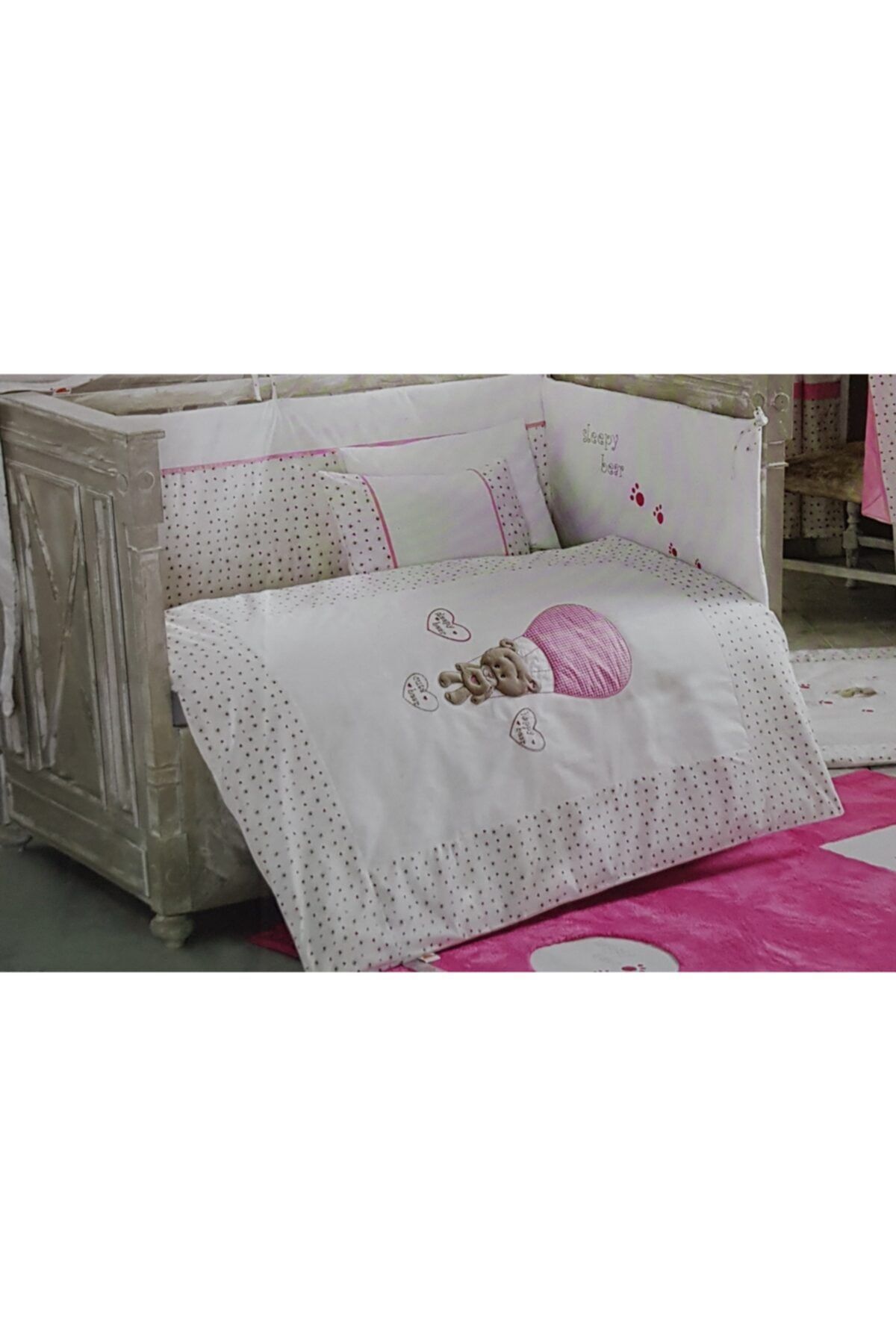 Kidboo 60x120 Cute Bear Pink Kenarlıklı Beşik Uyku Seti (mobilyalar Için)