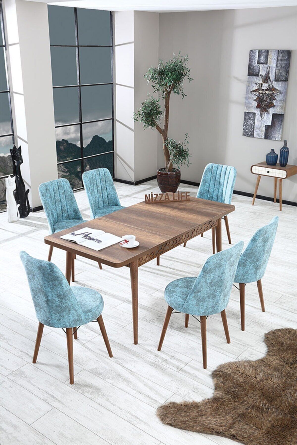 Alıcıoğlu Avm Barok Ceviz Yemek Masası Mutfak Masası Açılır Masa Takımı 6 Sandalyeli Mavi
