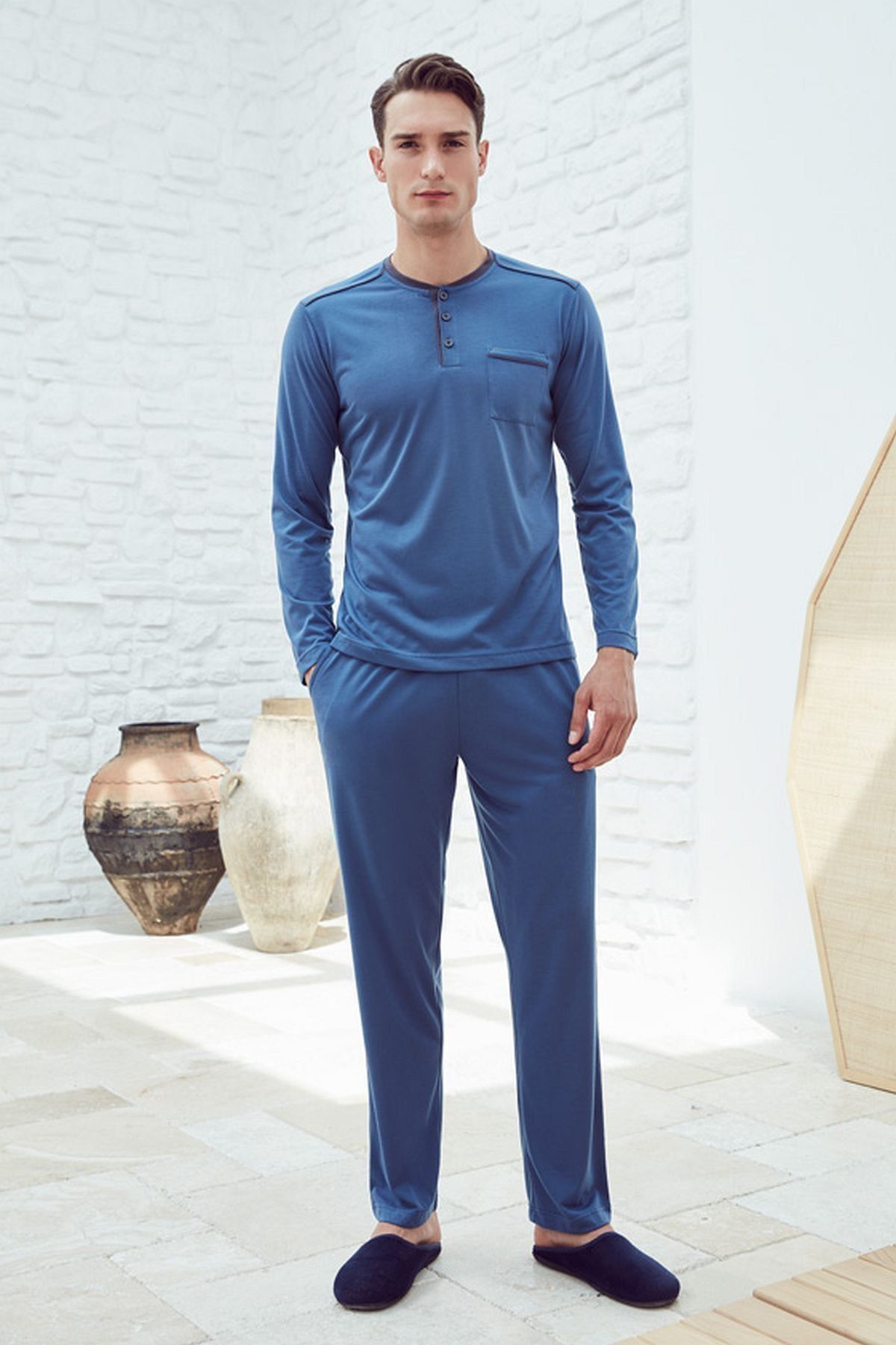 Eros 29050 Mavi Erkek Pamuklu Yakası Patlı Omzu Biyeli Uzun Kollu Pijama Takımı