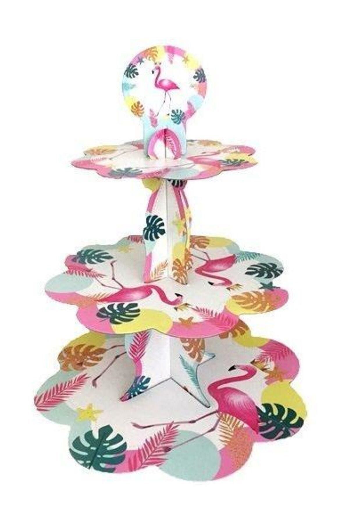 Parti Dolabı Flamingo Cupcake Kek Standı, Flamingo 3 Katlı Karton Stand