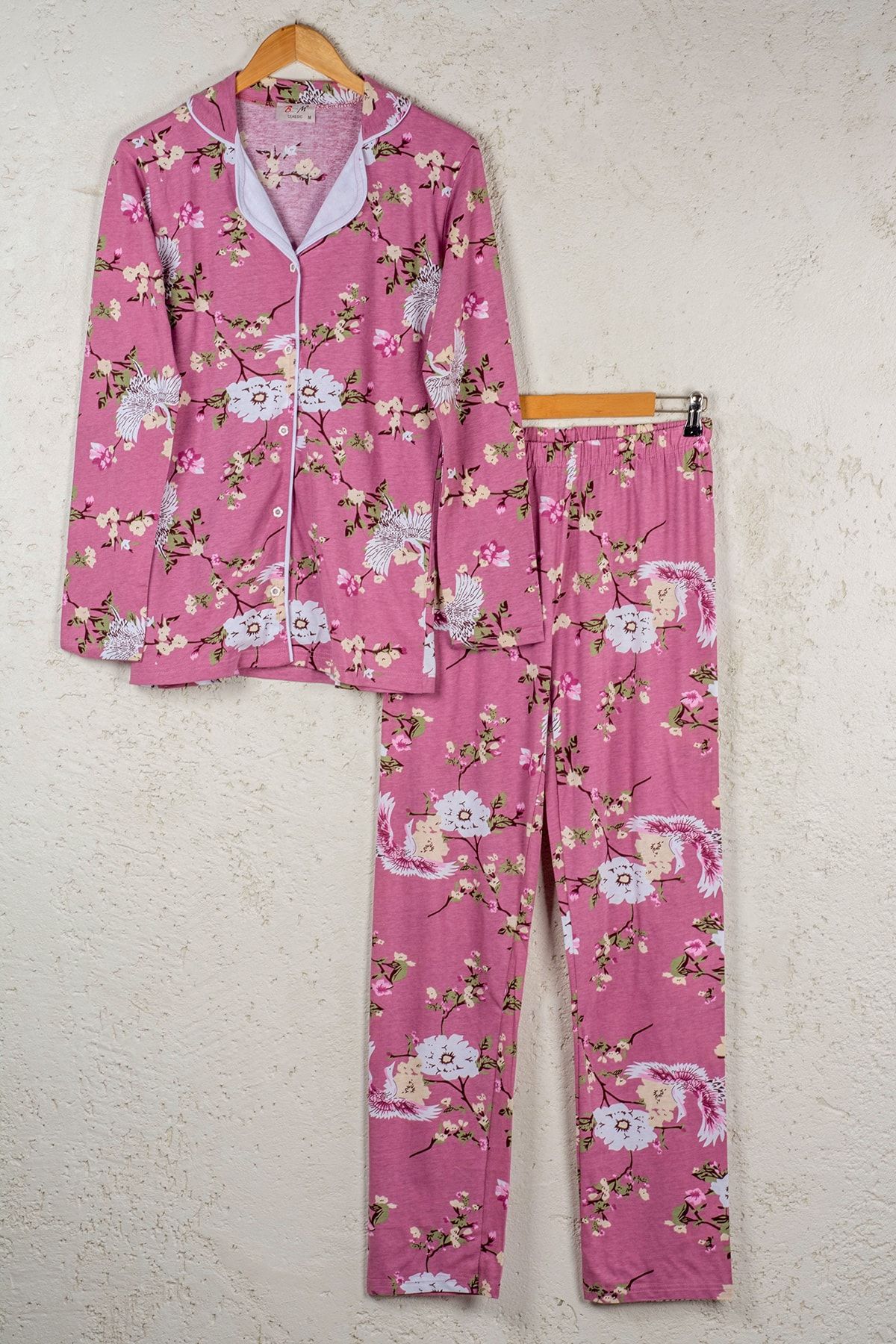 BSM Kadın Gül Kurusu Pamuklu Çiçekli Düğmeli Gömlek Pijama Takımı