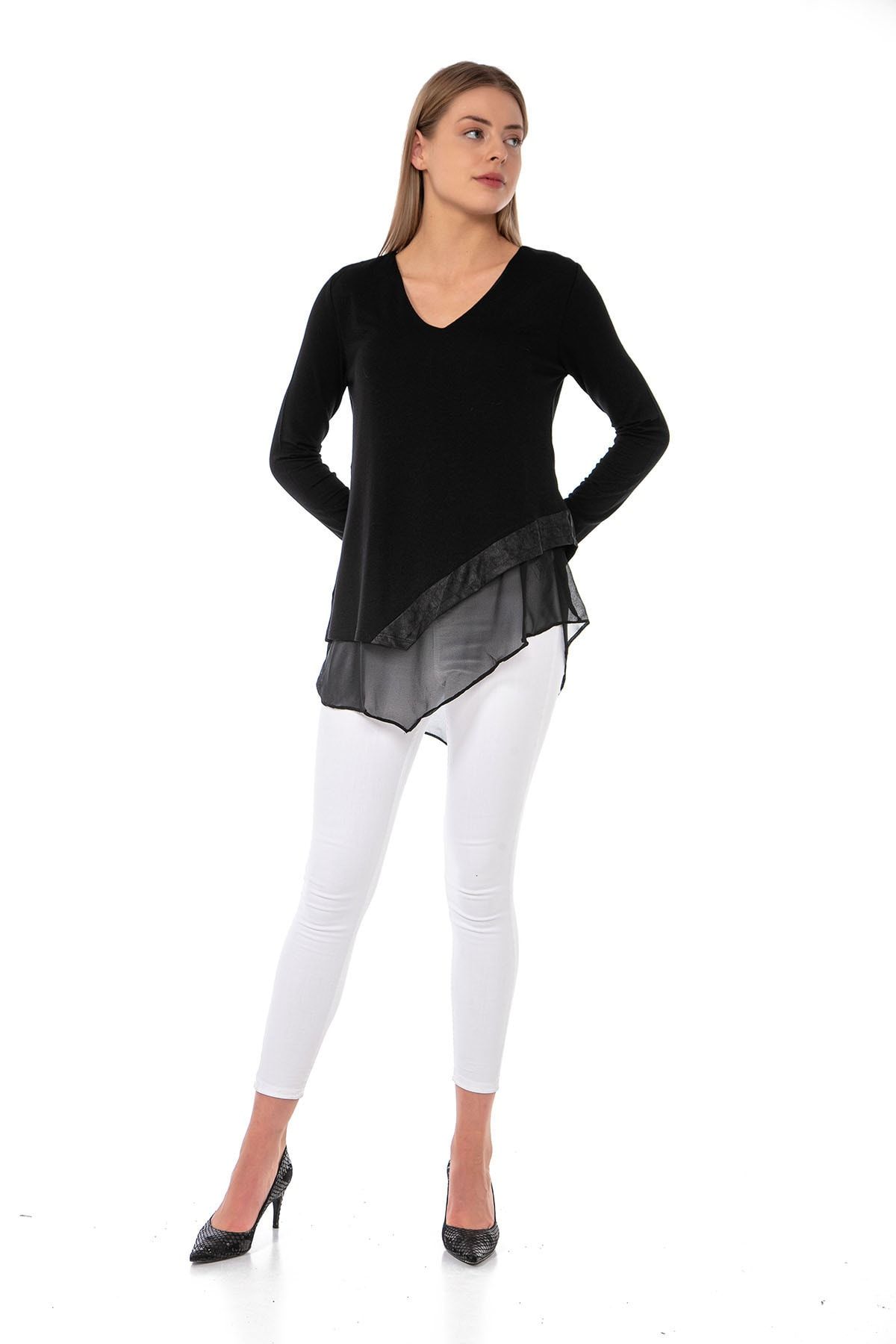 EtkiModa Kadın Siyah V Yaka Uzun Kollu Şifon Astarlı Eteği Deri Detaylı Asimetrik Mevsimlik Triko Tunik Bluz