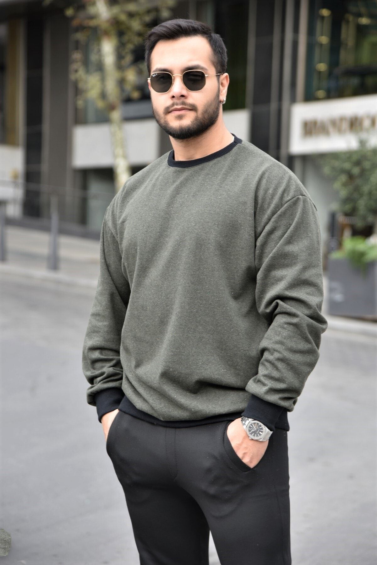 VİP LOKAL Erkek Haki Extra Oversize Çift Renk Sweatshirt