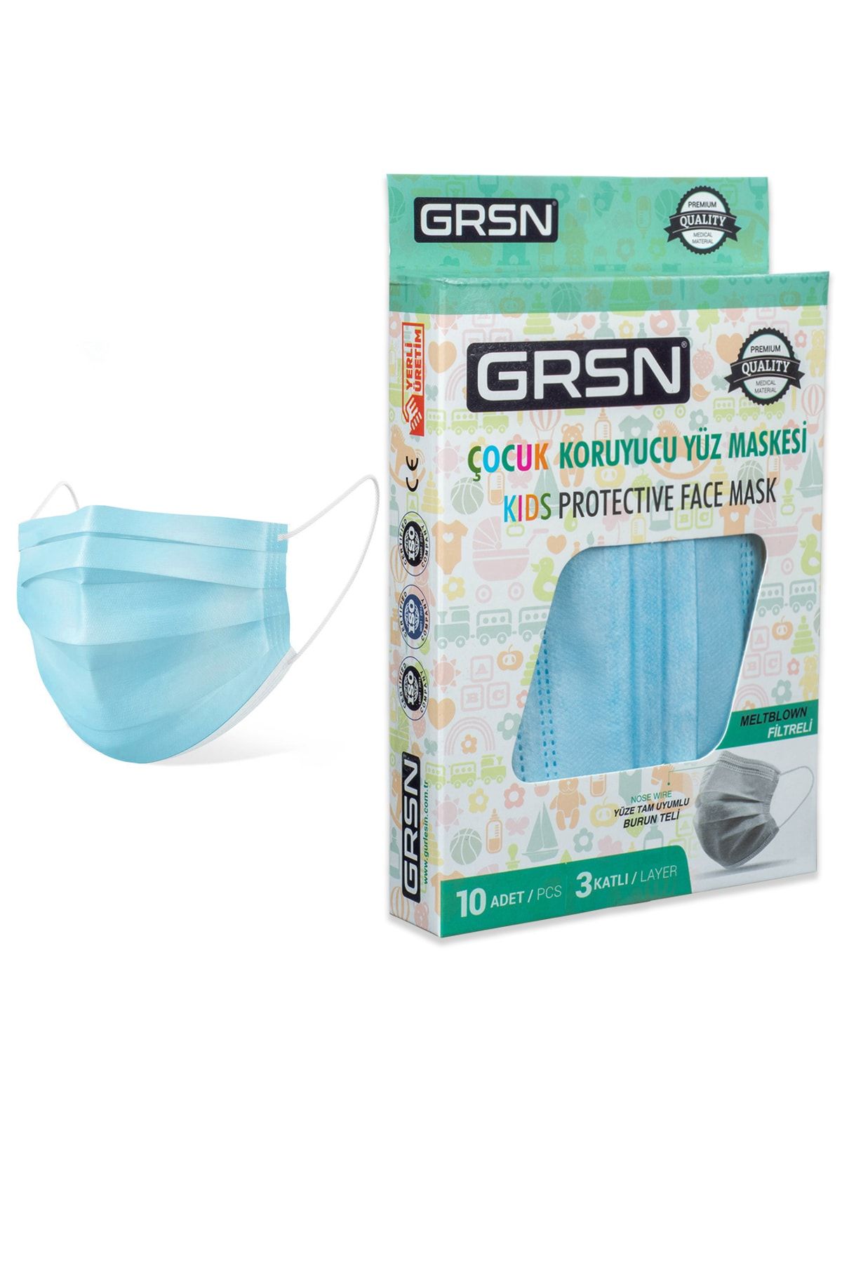 GRSN 10'lu Çocuk Mavi Meltblown Filtreli Koruyucu 3 Katlı Yeni Nesil Kutulu Elastik Medikal Maske