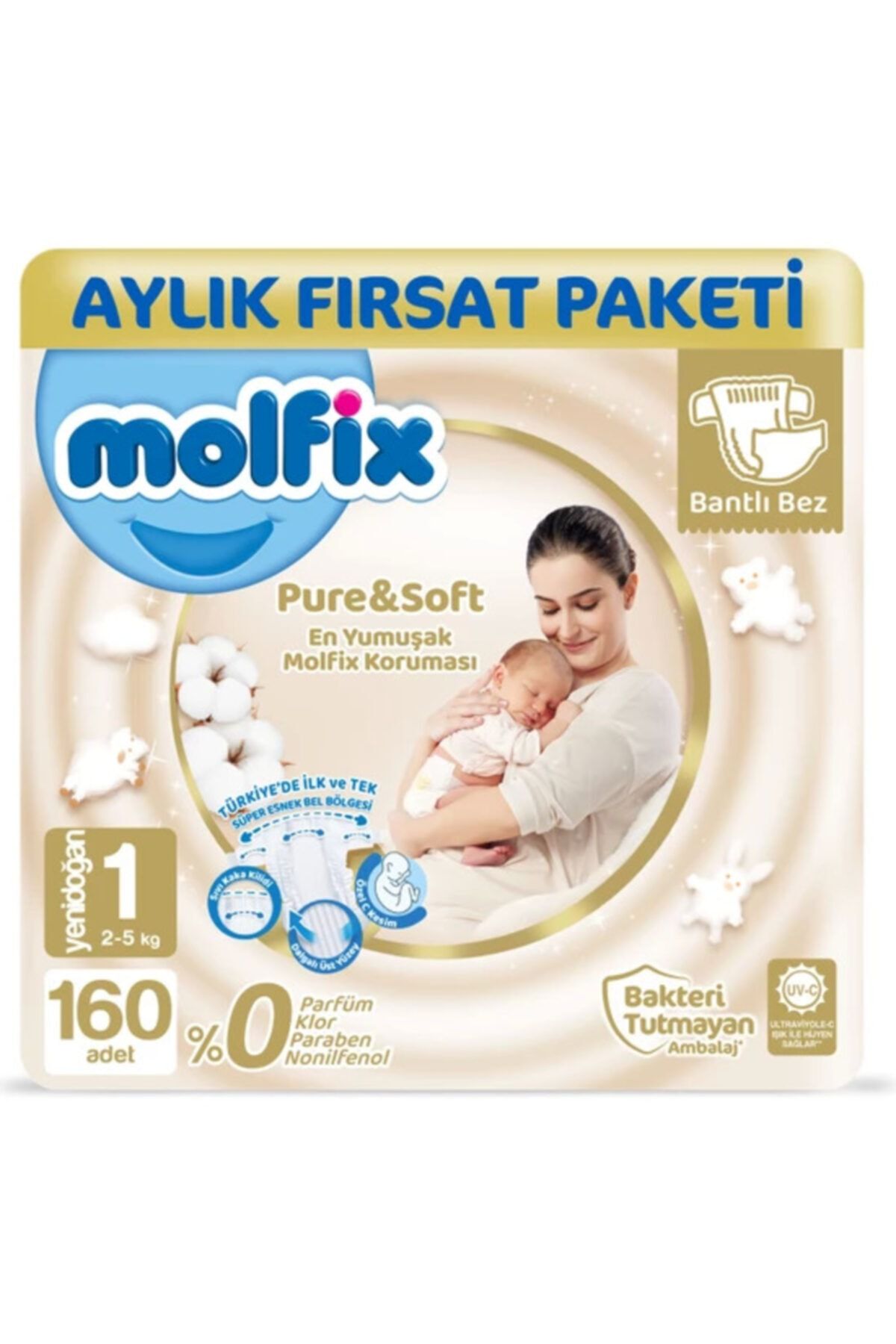 Molfix Pure Soft 1 Beden Yenidoğan 2-5 kg 160 Adet