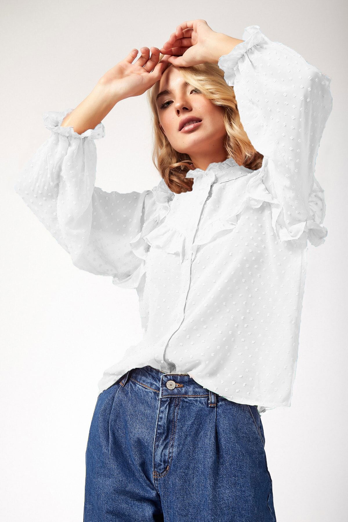 Bigdart Kadın Beyaz Fırfır Detaylı Transparan Gömlek 3750