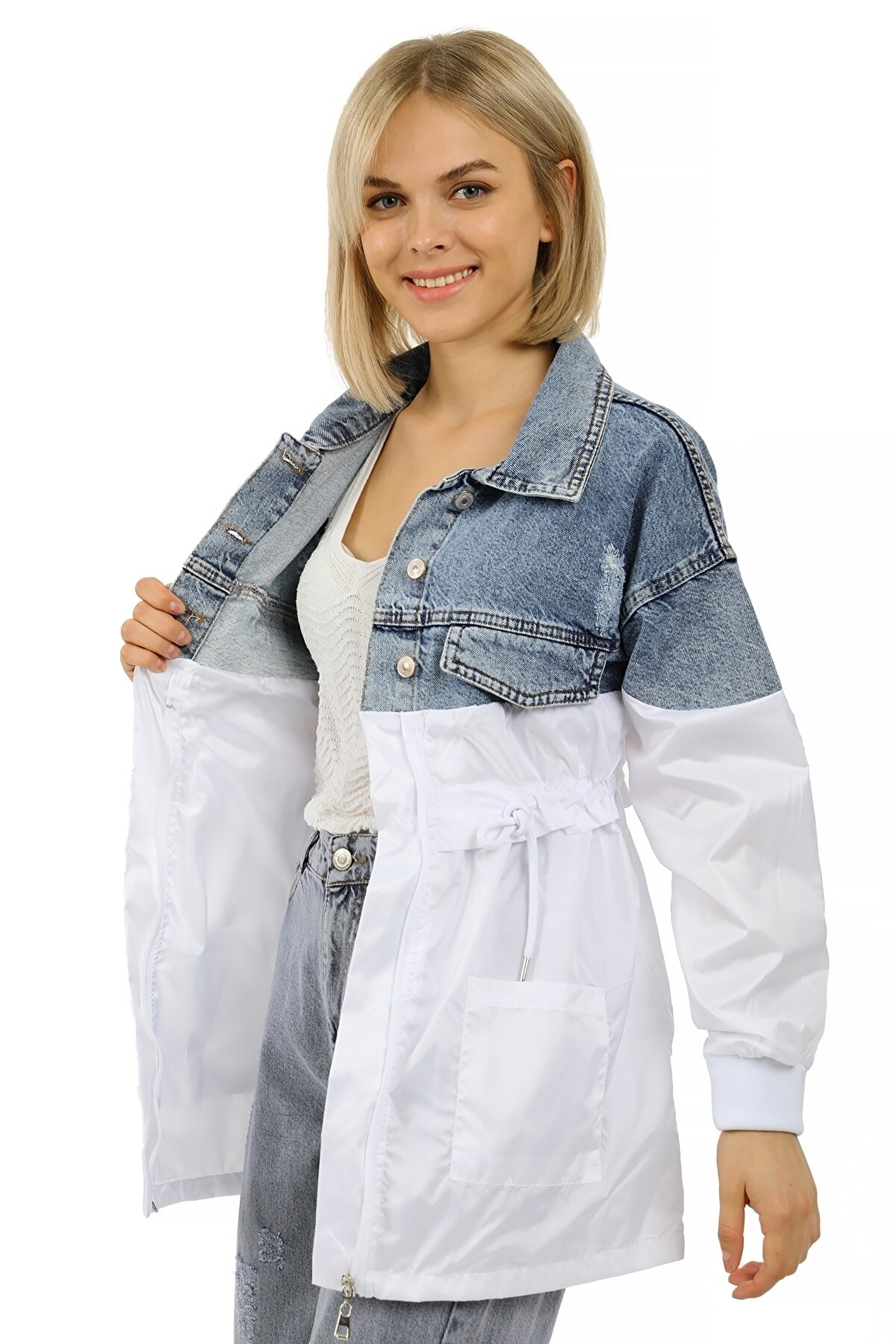 MD trend Kadın Mavi Kot Garnili Bel Büzgülü Paraşüt Kumaş Oversize Ceket