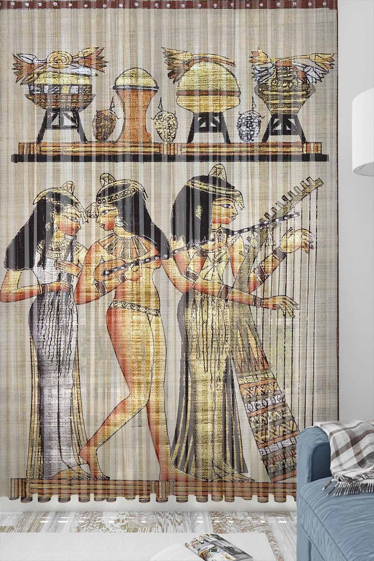3D ELSE HALI Otantik Hitit Mısır Desenli Dekoratif Modern 3d Tül Fon Perde