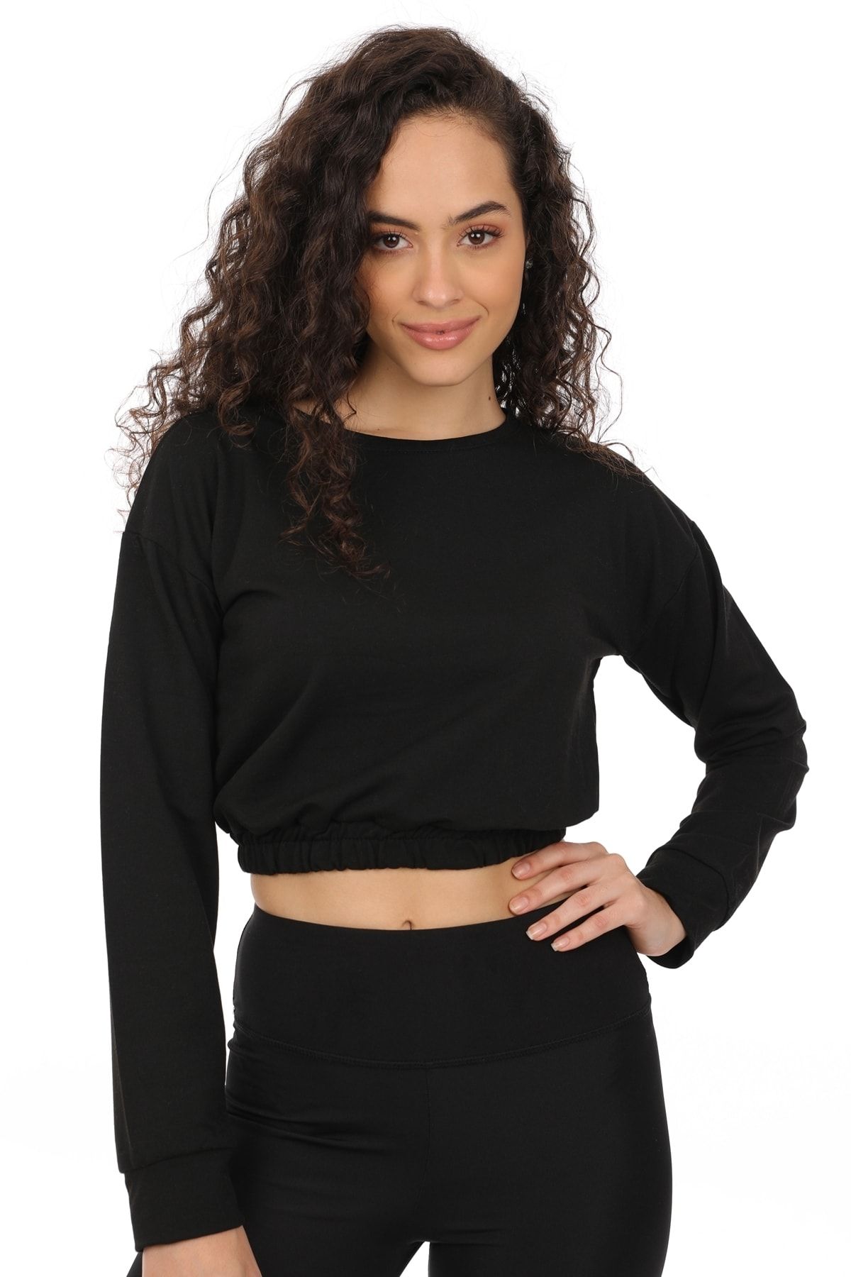 MD trend Kadın Siyah Bel Lastikli Basic Crop Örme Sweatshirt