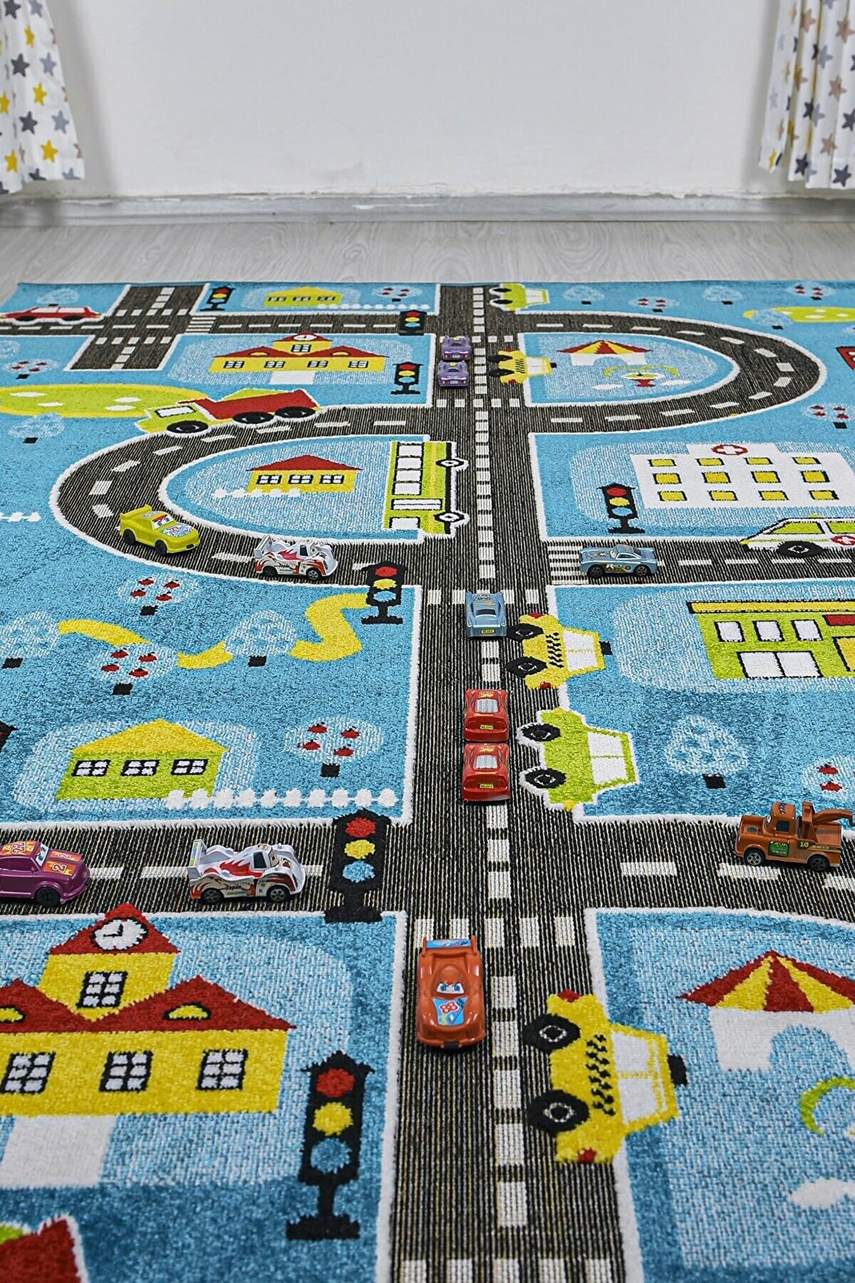 MKYHOME 3 Boyutlu Mavi Trafik Arabalı Çocuk Oyun Halısı