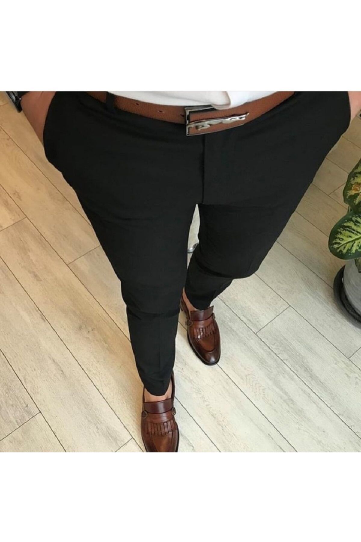 Dark Lavish Erkek Siyah Italyan Kesim Slim Fit Keten Pantolon