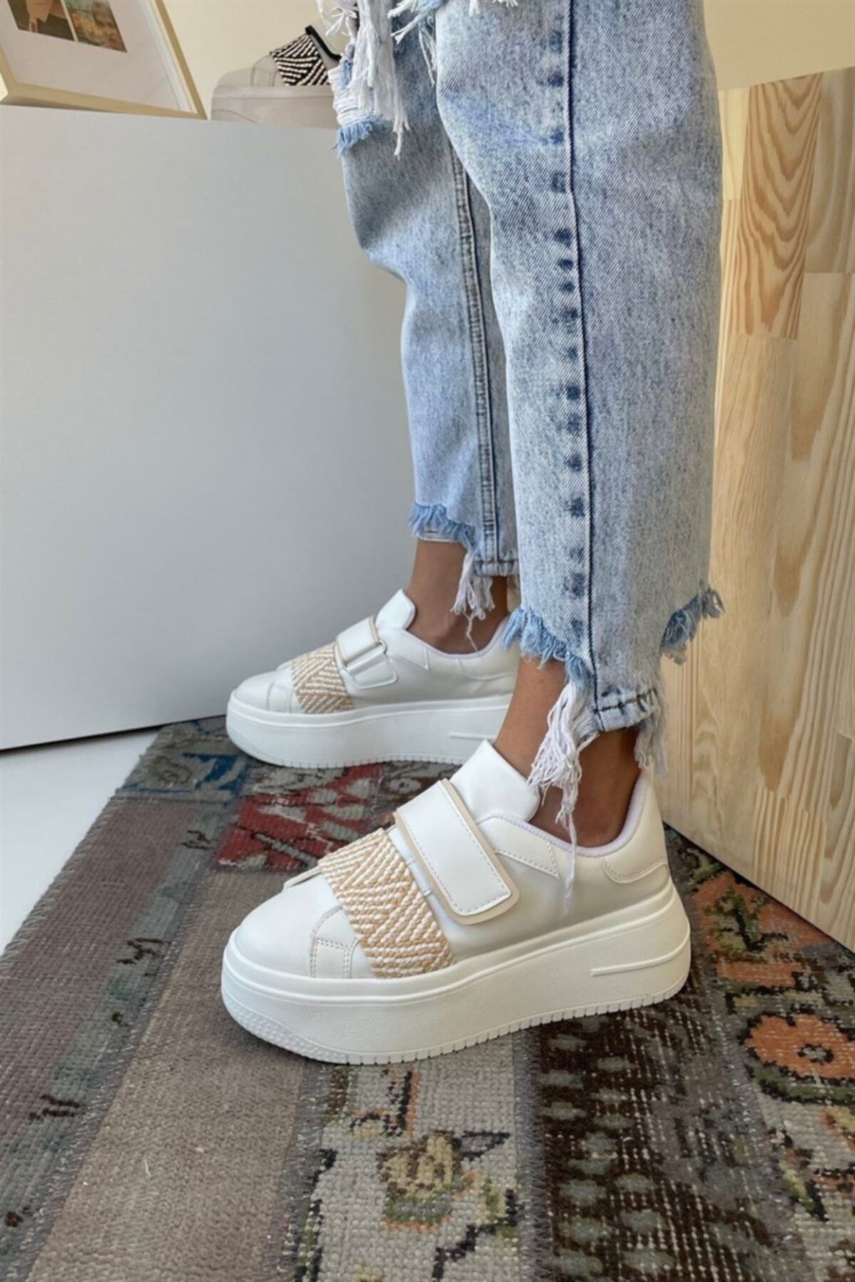 NAVYSIDE Kadın Cırt Cırtlı Beyaz Bej Hasır Bant Sneaker Yüksek Tabanlı-5 Cm-spor Ayakkabı