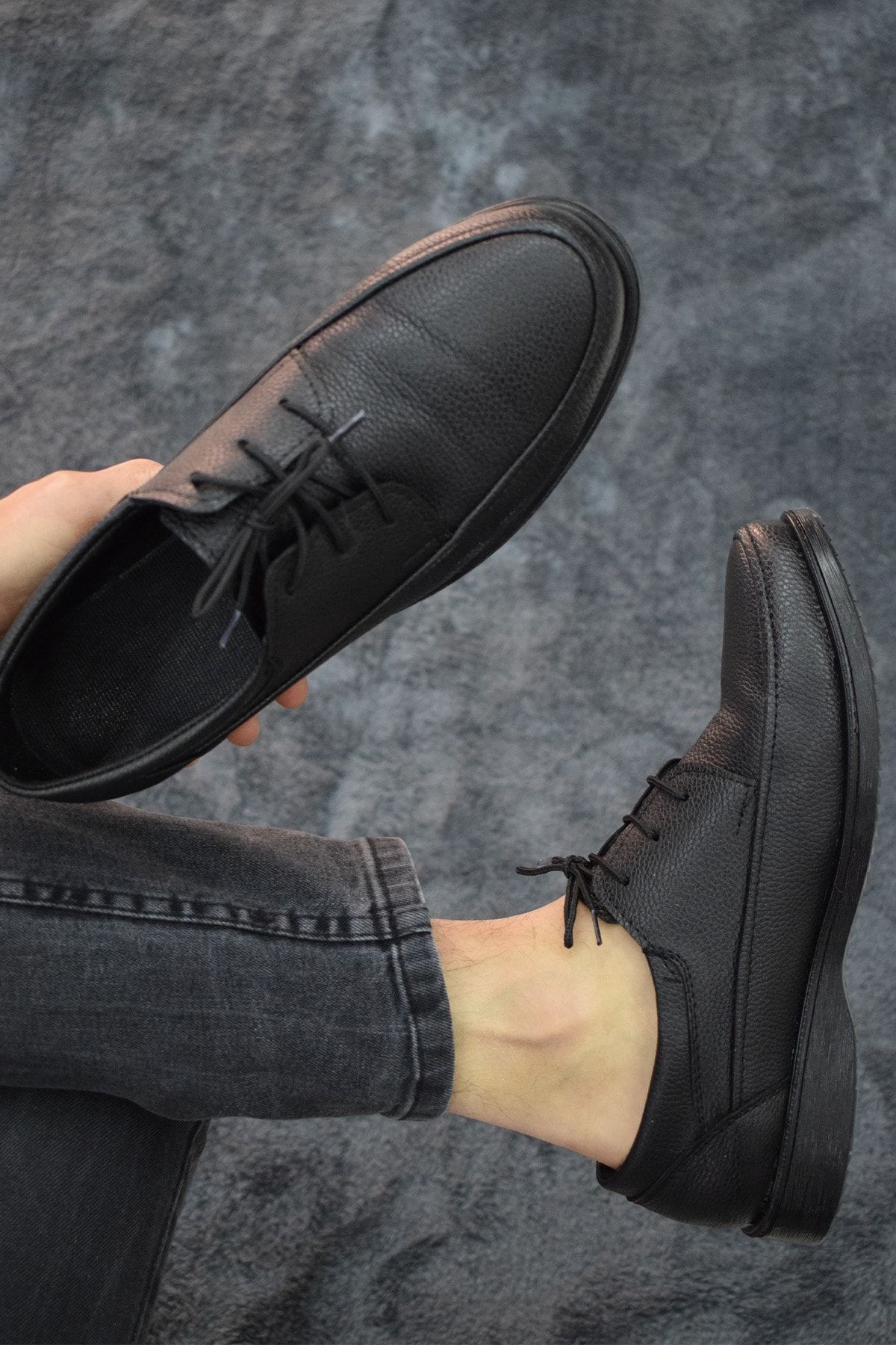 capel hor-se Erkek Siyah Bağcıklı Ayakkabı Suni Deri Baba Ayakkabısı Klasik Modern Tasarım