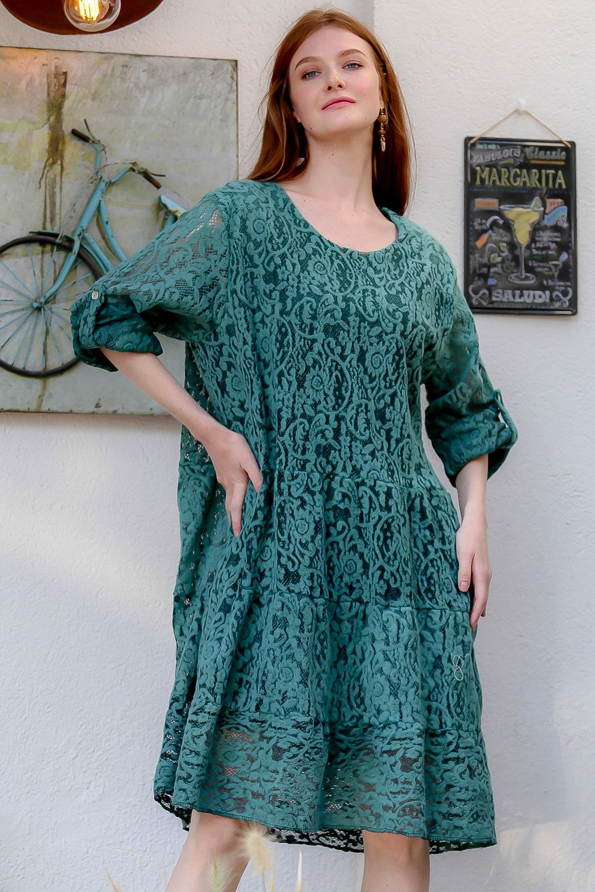 Chiccy Kadın Nefti Italyan Dantel Astarlı Ayar Düğme Detaylı Salaş Elbise M10160000el94078