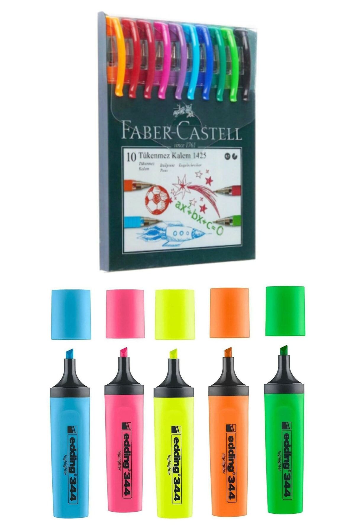 Faber Castell 10 Renk Tükenmez Kalem 1425 ve Edding e-344 Fosforlu Kalemi 5li Poşet Karışık
