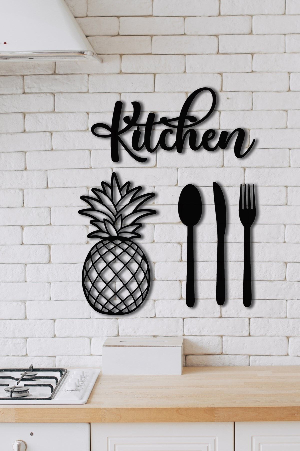 NT Handmade Siyah Ahşap Kitchen Ananas 5 Parça Duvar Dekoru Yazısı - Mutfak Cafe Için Lazer Kesim 35x45cm Tablo