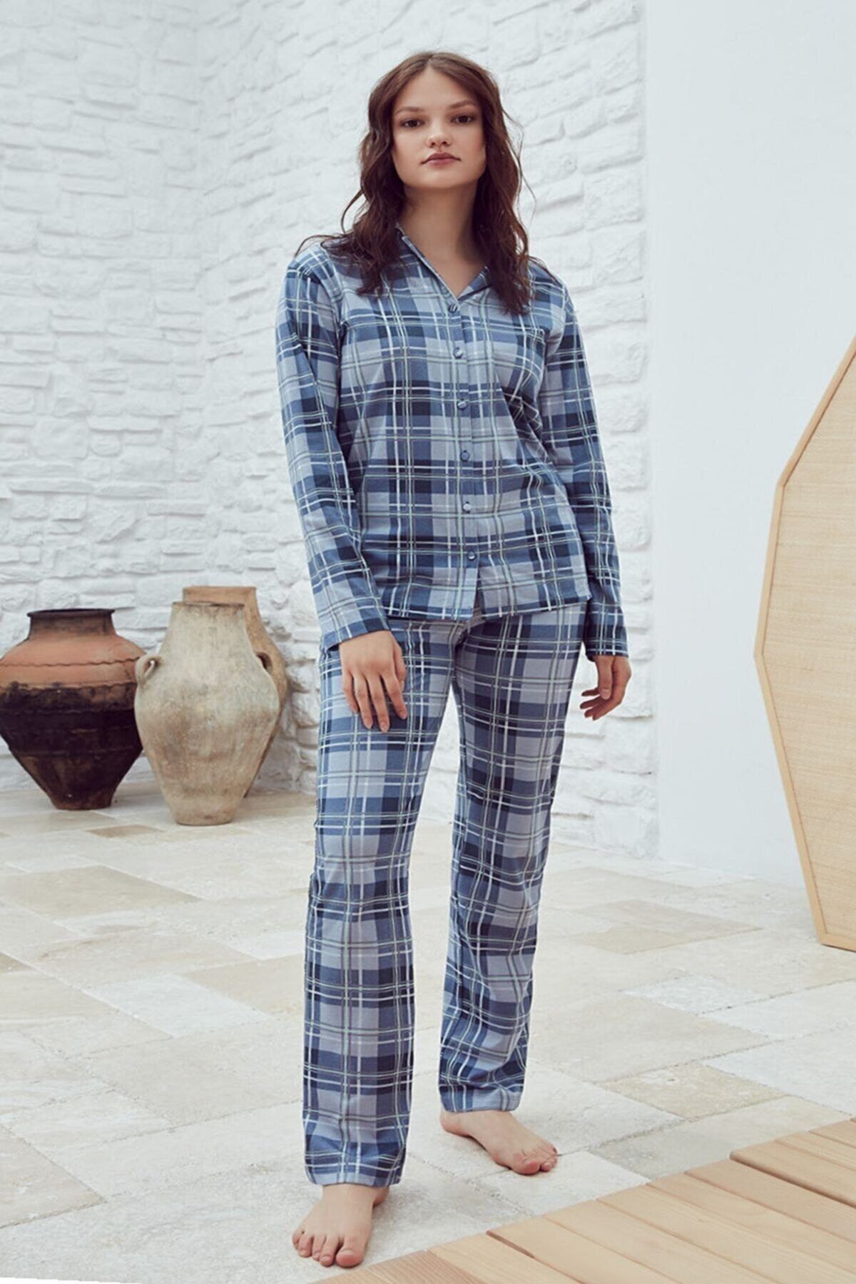 Eros Kadın Mavi Pamuklu Ekose Gömlek Yaka Önden Düğmeli Pijama Takımı