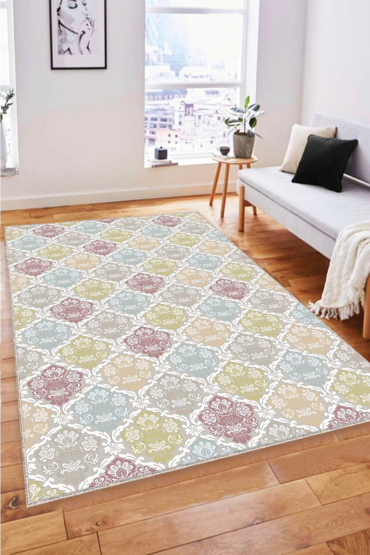 RugViva Kaymaz Tabanlı Makinede Yıkanabilir Halı Rv372 Damask