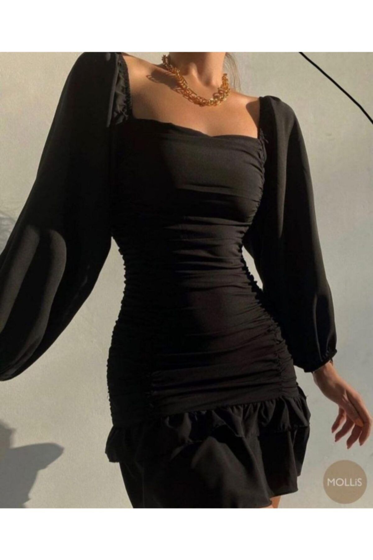 Masspera Kadın Siyah Kare Yaka Balon Kol Krep Kumaş Elbise