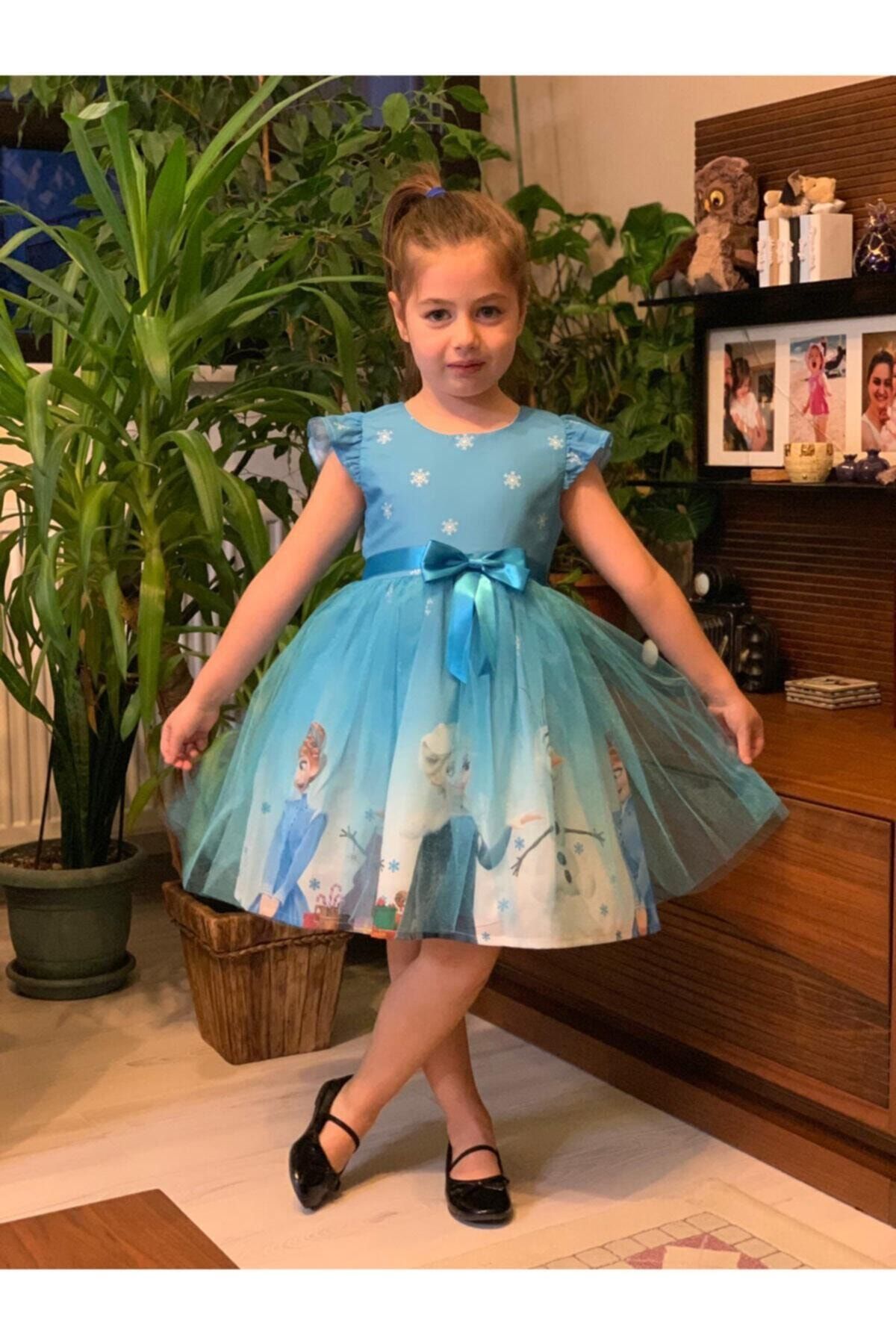 Durumini Kız Çocuk Mavi 4-7 Yaş Karlar Ülkesi Prensesi Elsa Elbisesi