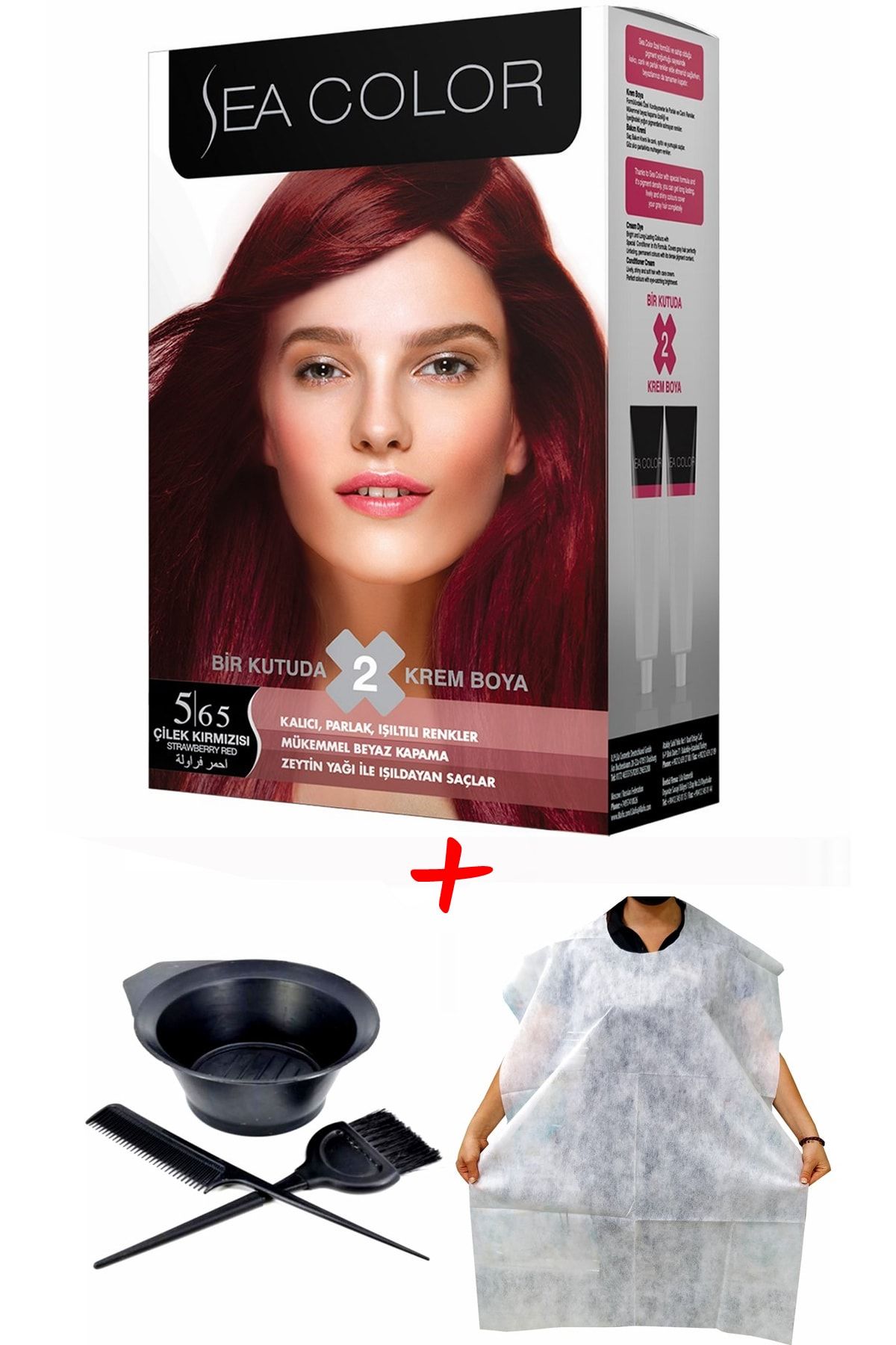 Sea Color Krem Saç Boyası 5.65 Çilek Kırmızısı 2 Tüplü Set + Boyama Seti + Boyama Önlüğü