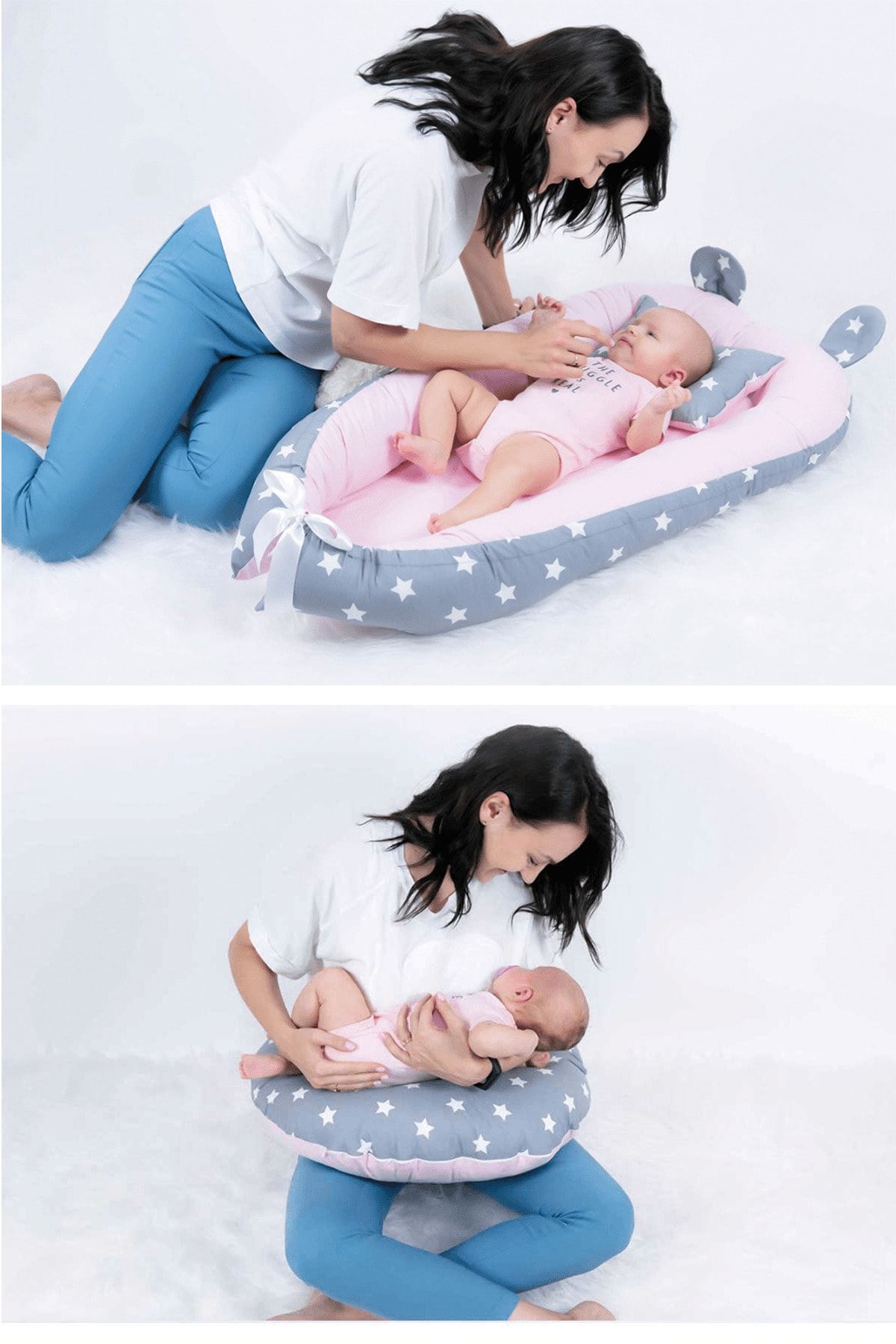 Babynest Yatak Ortopedik Yastık Emzirme Yastığı Pembe Ve Gri Yıldız Üç Ürün Bir Arada