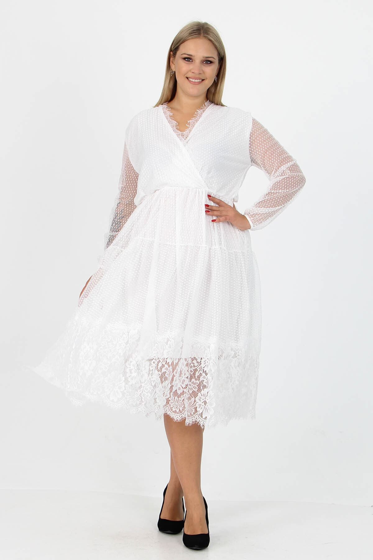 XXL BUTİK Kadın Yeni Sezon Tül Eteği Fırfırlı Kruvaze Yaka Büyük Beden Beyaz Elbise Mkds02