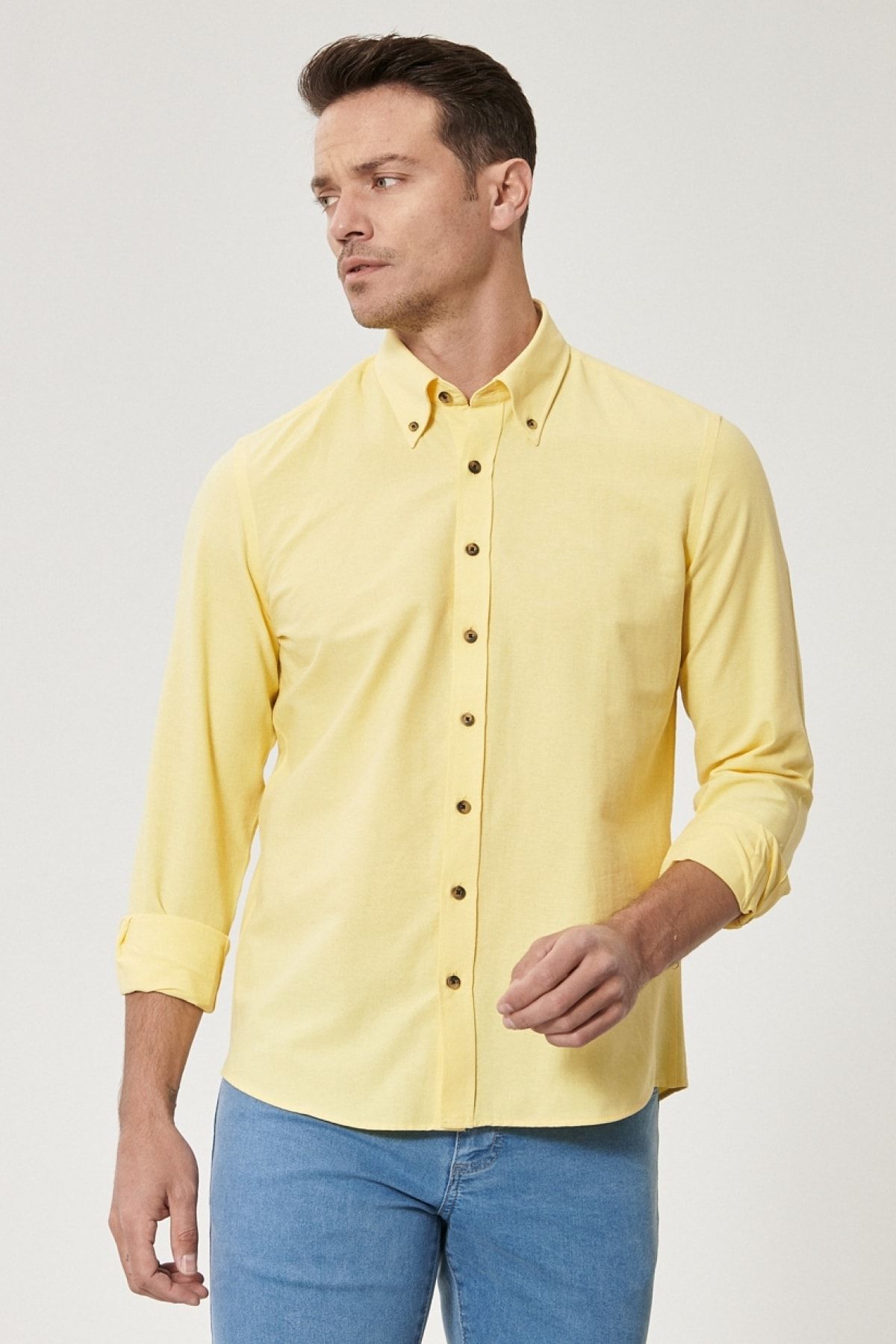 AC&Co / Altınyıldız Classics Erkek Sarı Tailored Slim Fit Dar Kesim Düğmeli Yaka Oxford Gömlek