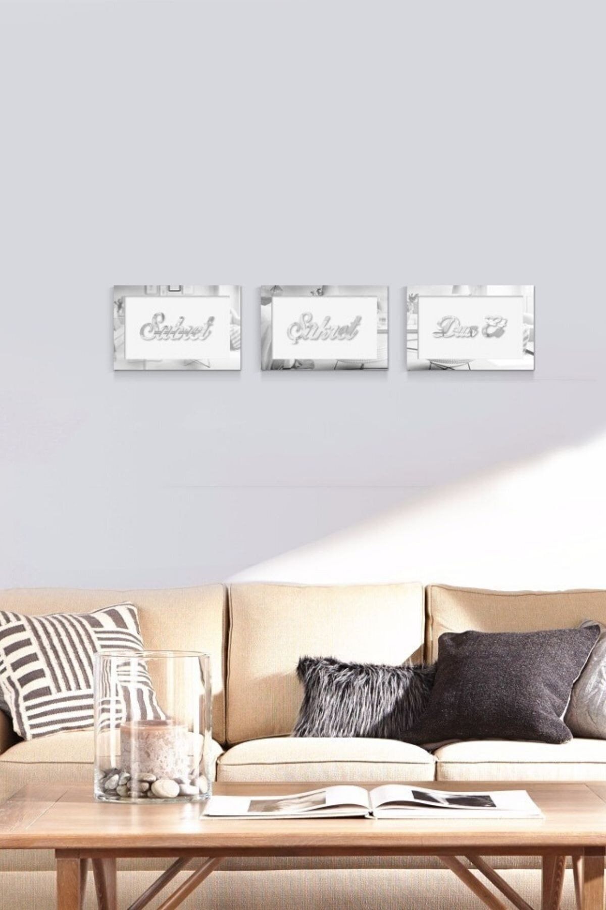 NT Handmade Sabret Dua Et Şükret 3d Tablo Seti Beyaz Ahşap Gümüş Pleksi Aynalı Duvar Dekoru 80x16 Cm