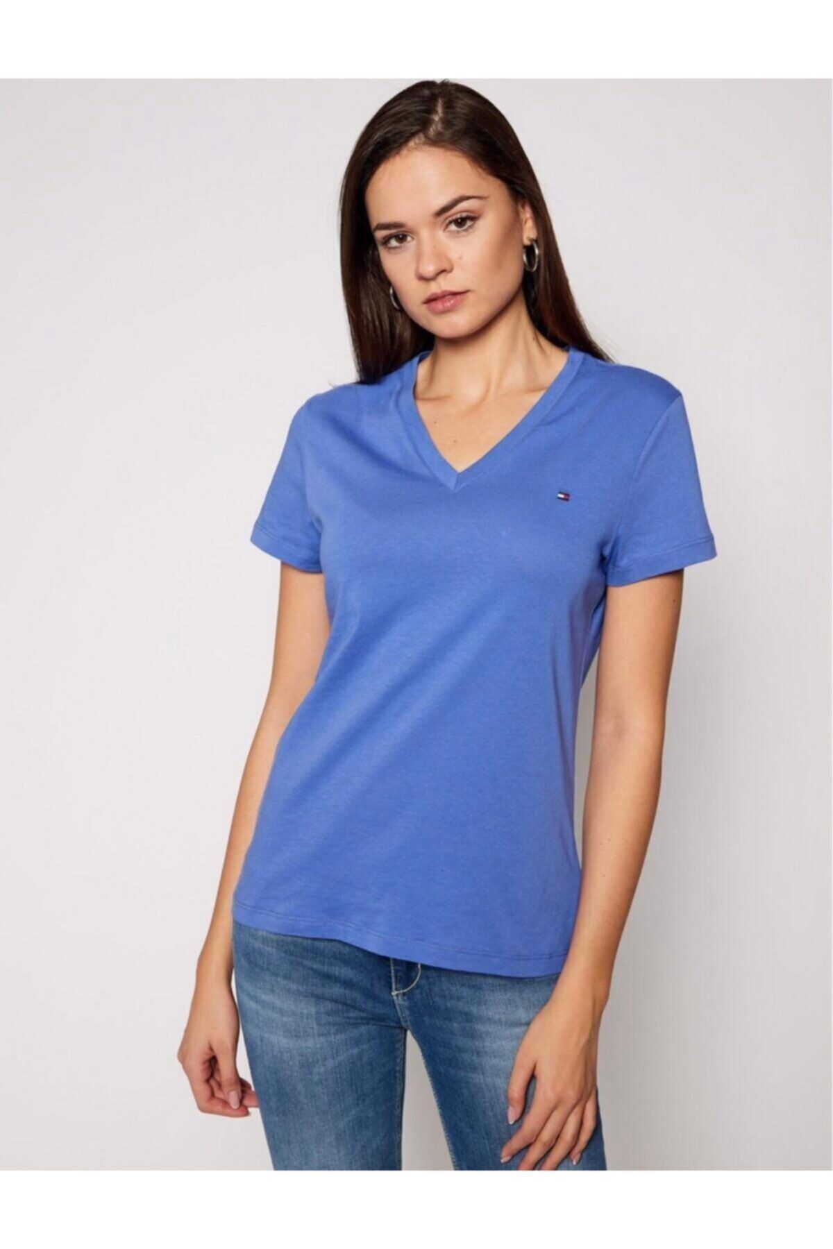 Tommy Hilfiger V- Neck Women's Kadın Mavi T-shirt