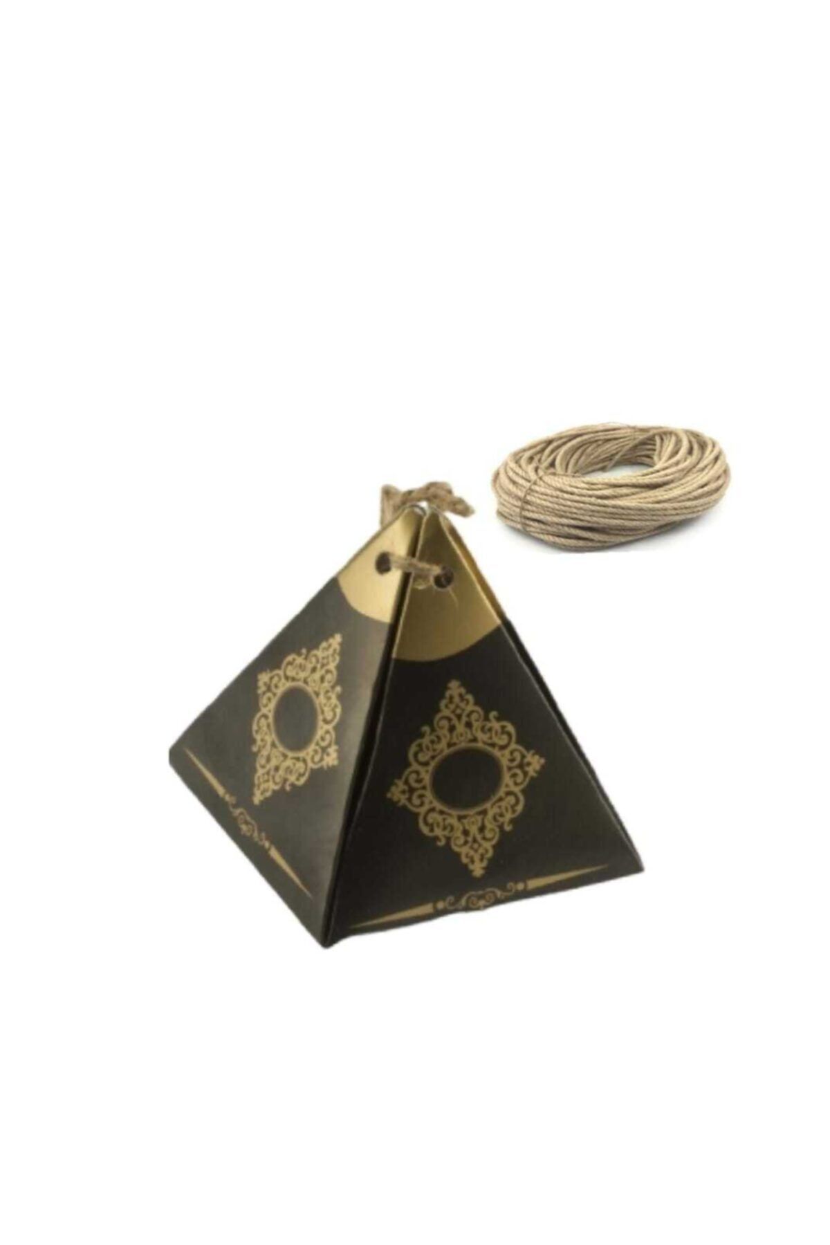 Genel Markalar Siyah Renk Altın Varaklı Piramit Lokum / Şeker Kutusu 50 Adet/ 10 Metre Jüt Ip