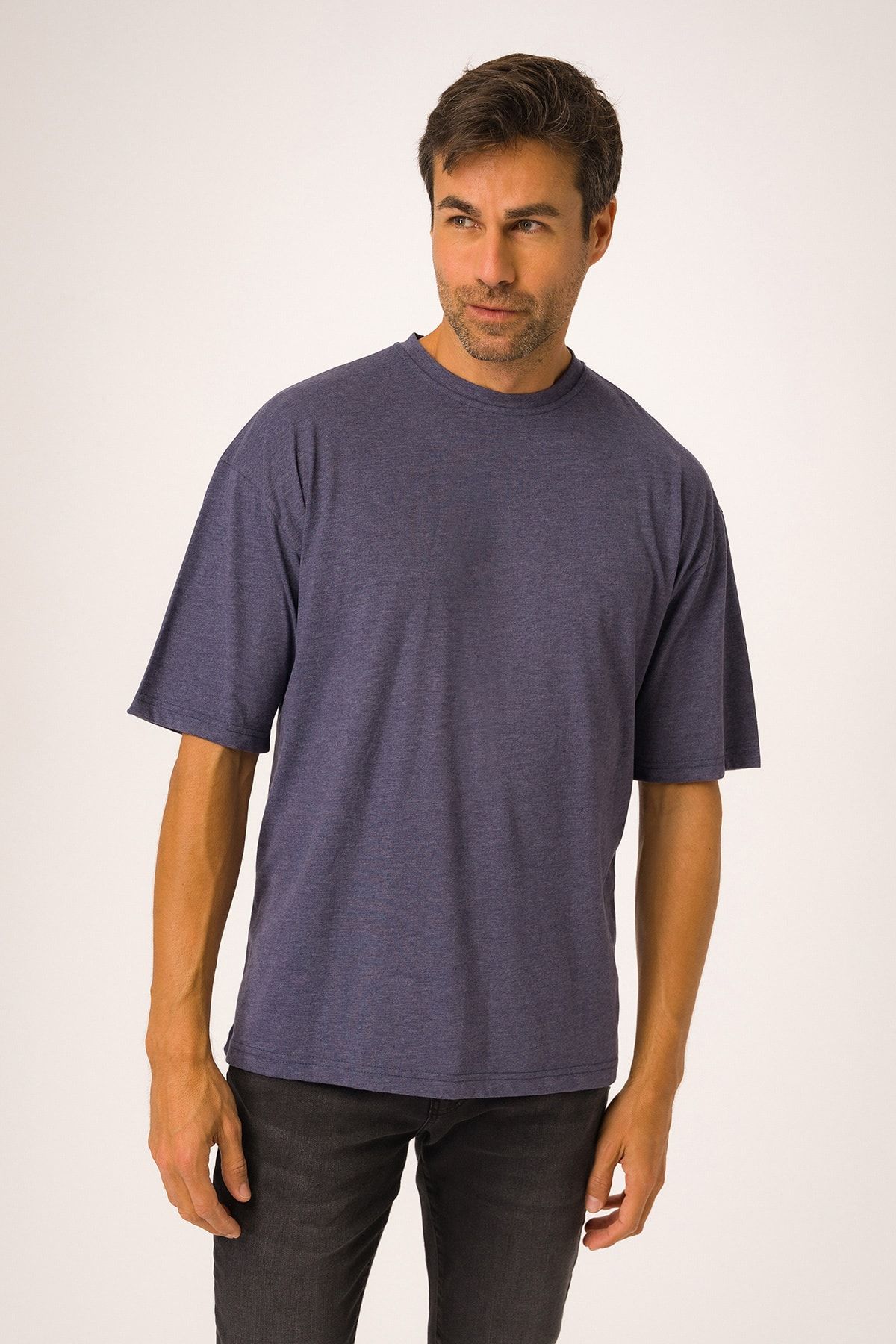 Runever Mavi Oversize Yuvarlak Yaka Basıc Erkek T-shirt 22187