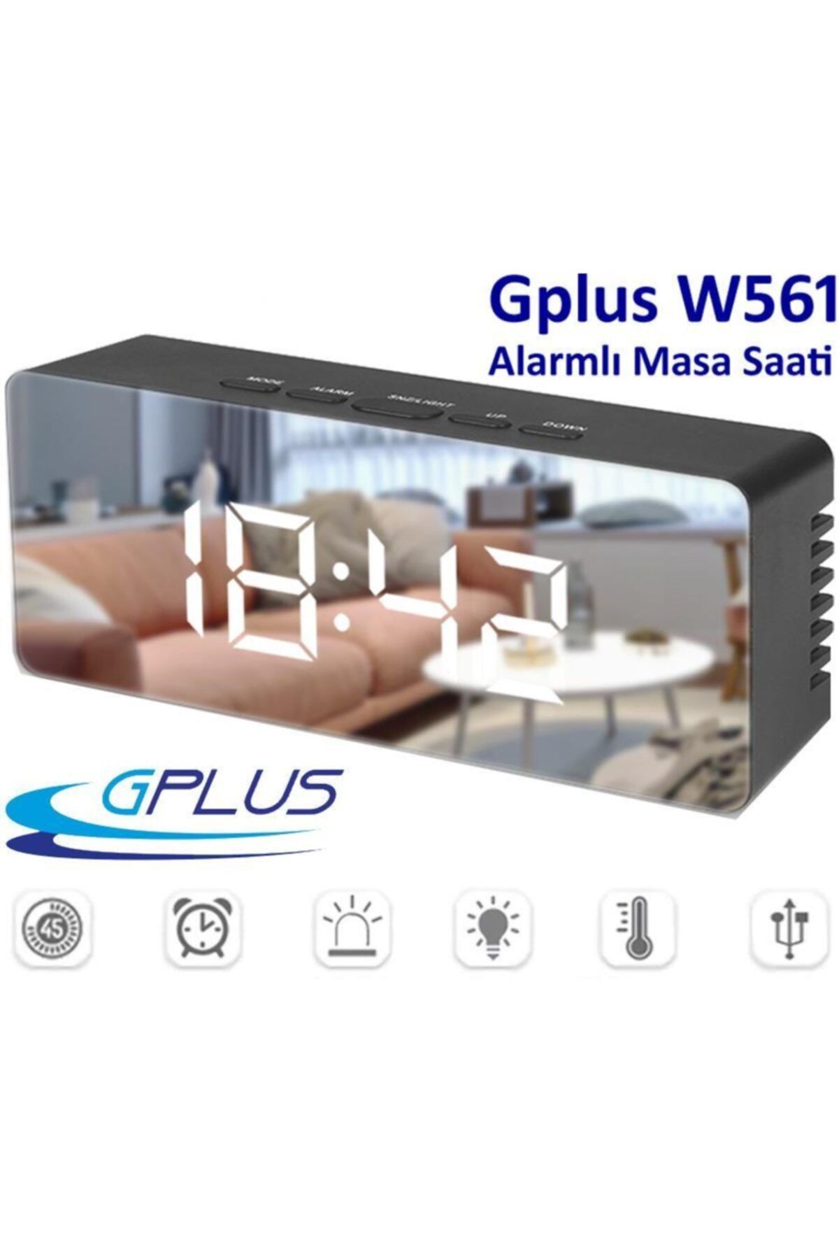 Gplus W561 Çift Alarmlı Dijital Led Termometreli Aynalı Alarmlı Sese Duayarlı Yeni Masa Saati Siyah