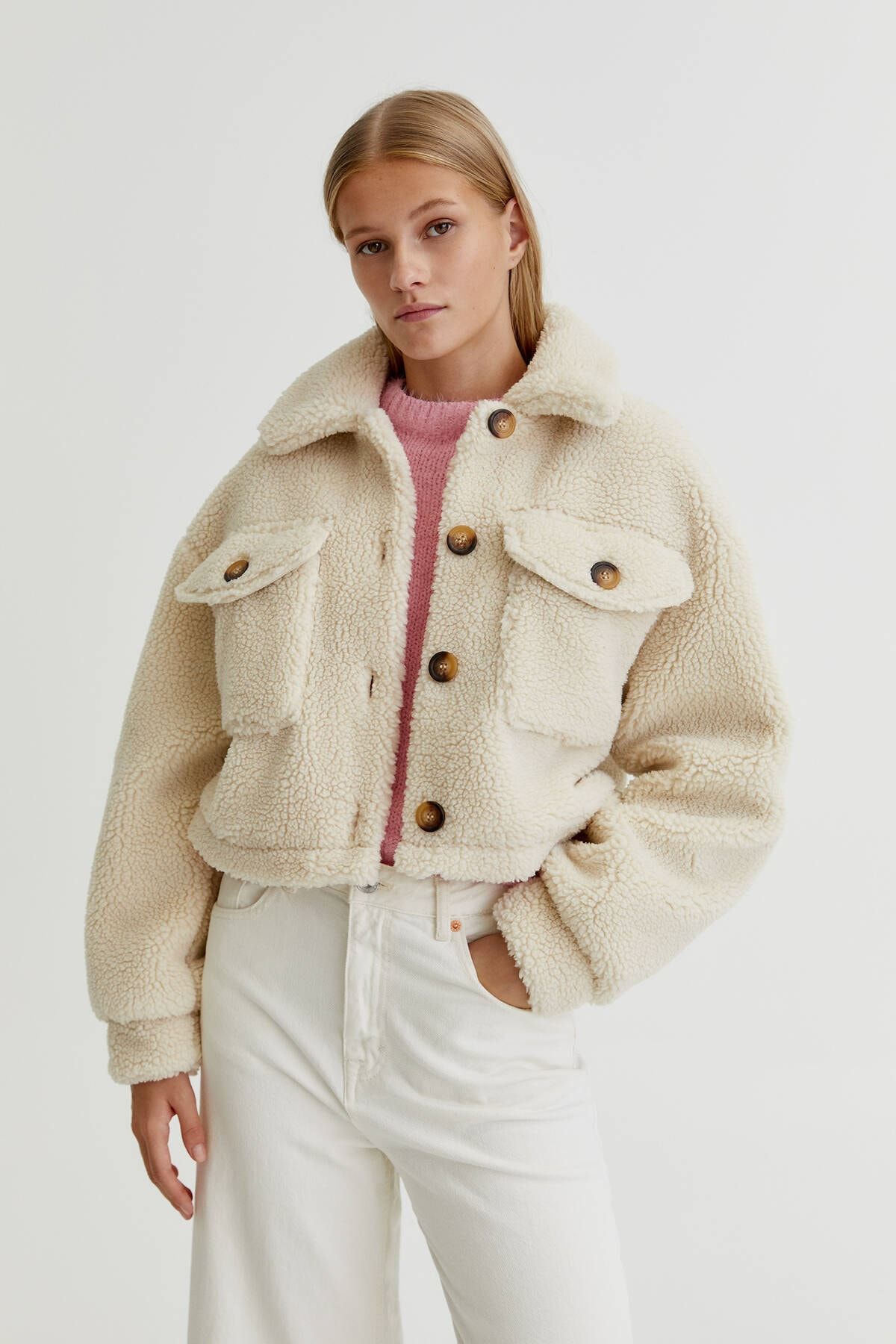 Pull & Bear Kontrast düğmeli suni yünlü ceket