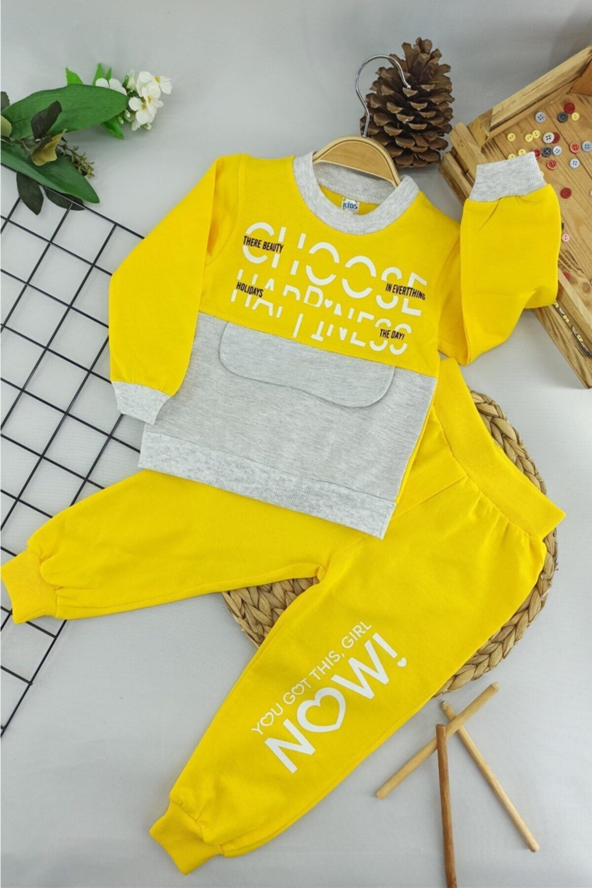 dubi baby Sarı Now Yazılı Ikili Çocuk Takım 1-2-3-4-5 Yaş