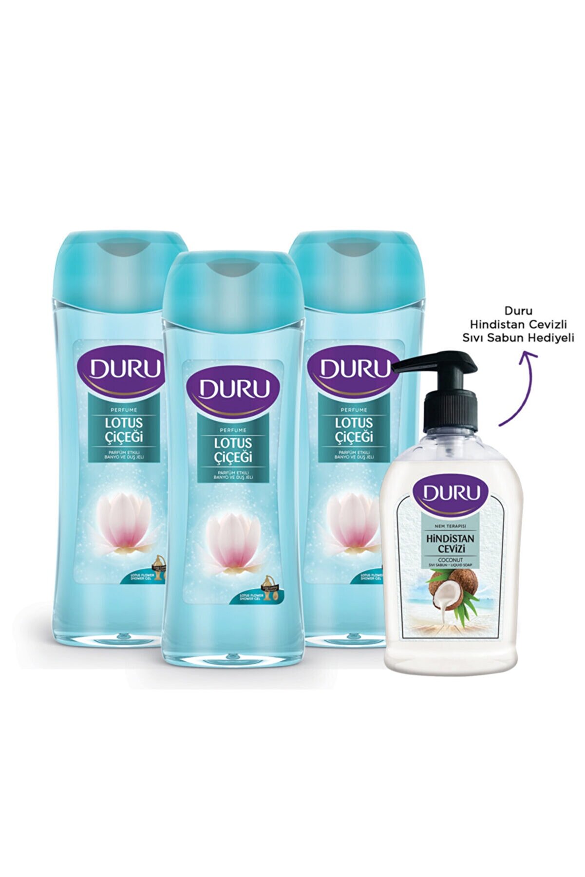 Duru Perfume Elegant Lotus Duş Jeli 3x450ml+ Hindistan Cevizli Sıvı Sabun Hediyeli