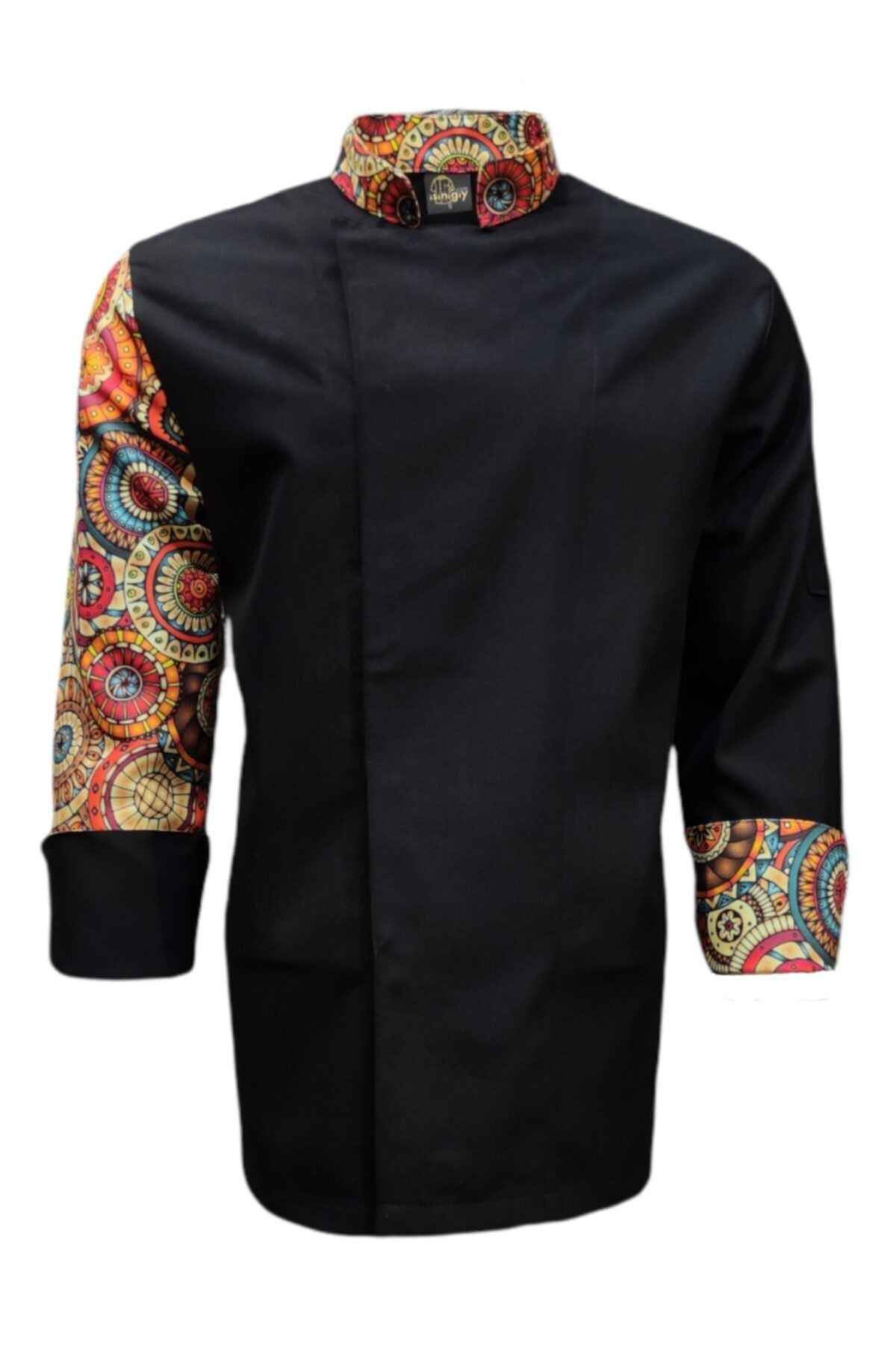 isinigiy Siyah Gizli Kapamalı Kolu Desenli Aşçı Ceket Chef Ceket