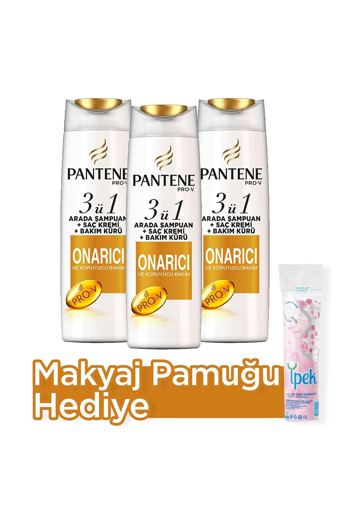 Pantene 3'ü 1 Arada Şampuan Krem Bakım Kürü Onarıcı Koruyucu 470 ml X 3 Makyaj Pamugu
