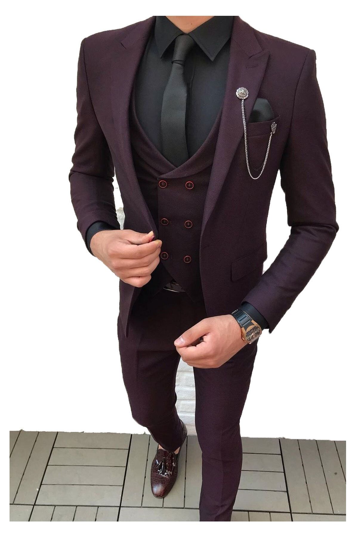 Biçeq Collection Erkek Siyah Dar Kesim Yelekli Takım Elbise + Yaka Süsü Ve Kravat