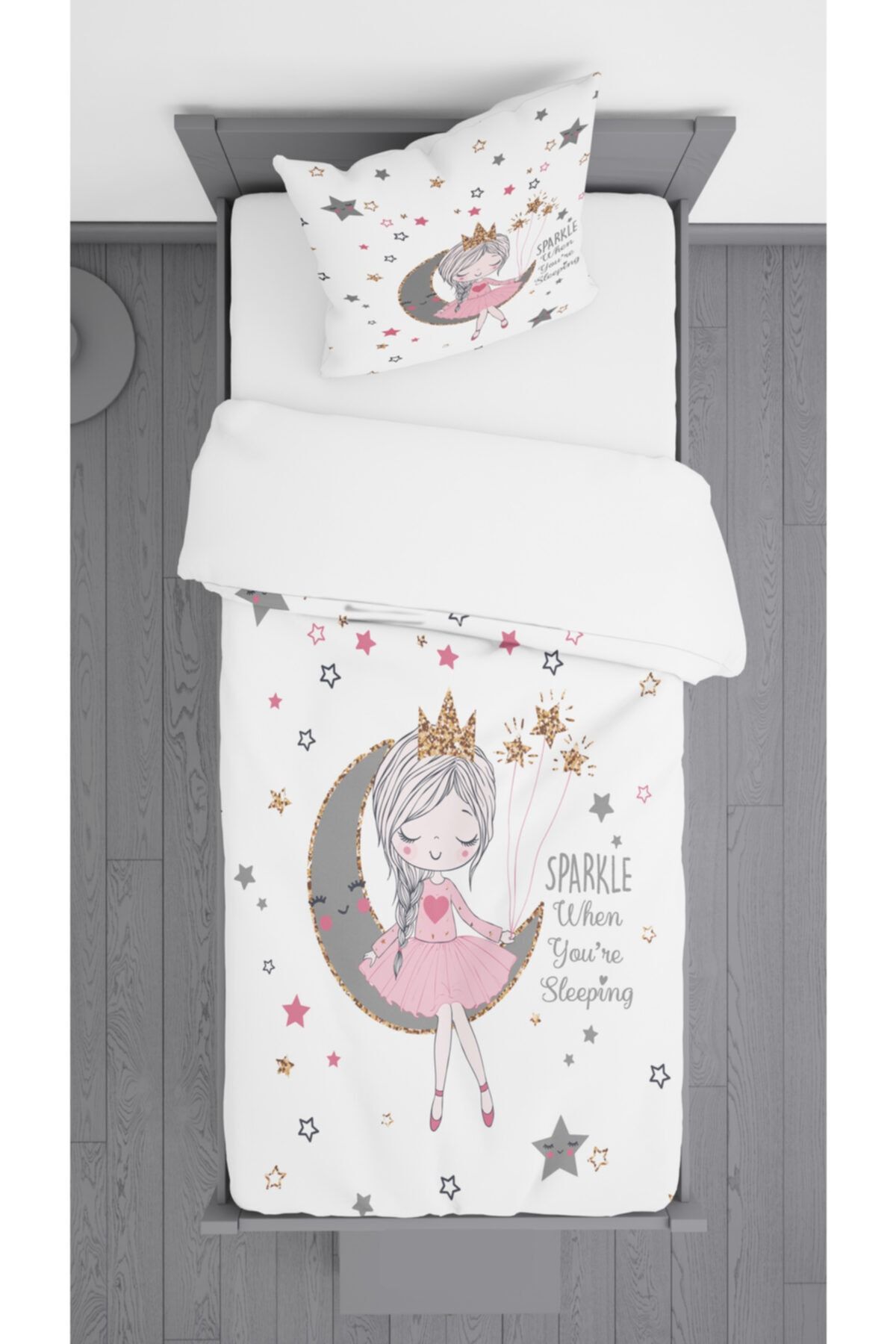 Ziu Kids Beyaz Zemin Prenses Kız Desenli Süet Dokulu Dekoratif Yatak Örtüsü Ve Yastık Kılıfı 140x220